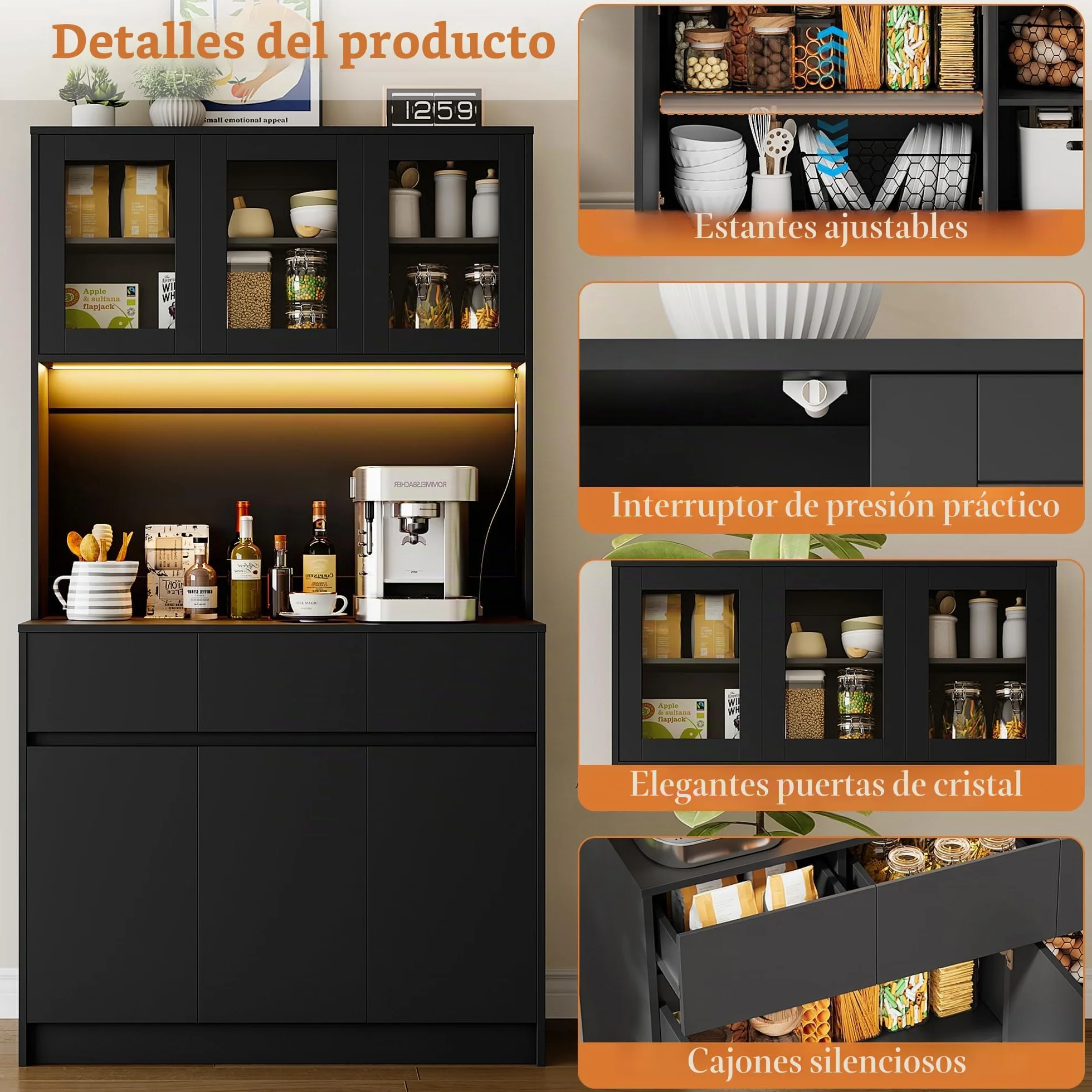 Alacena de Cocina, Armario Despensa Cocina con regleta y Tira de Luces LED, Aparador Comedor con Estantes Regulables (Negro)