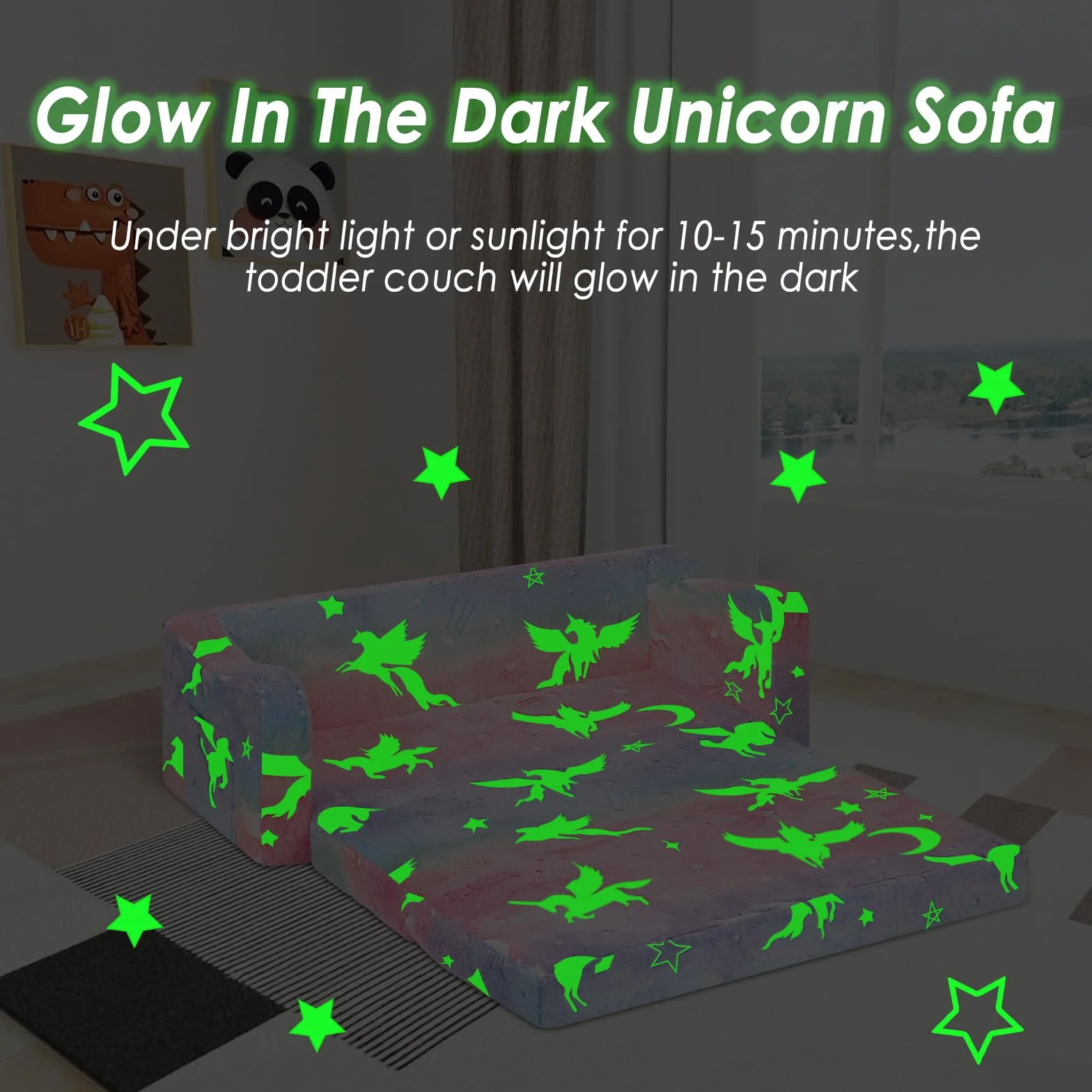 Convertible Sofa para Niños 2 en 1, Plegable Sofa Infantil Brilla en la Oscuridad para Niñas y Niños, Estable Silla Niño 2 Plazas para Dormitorio Sala de Juegos,Unicornios