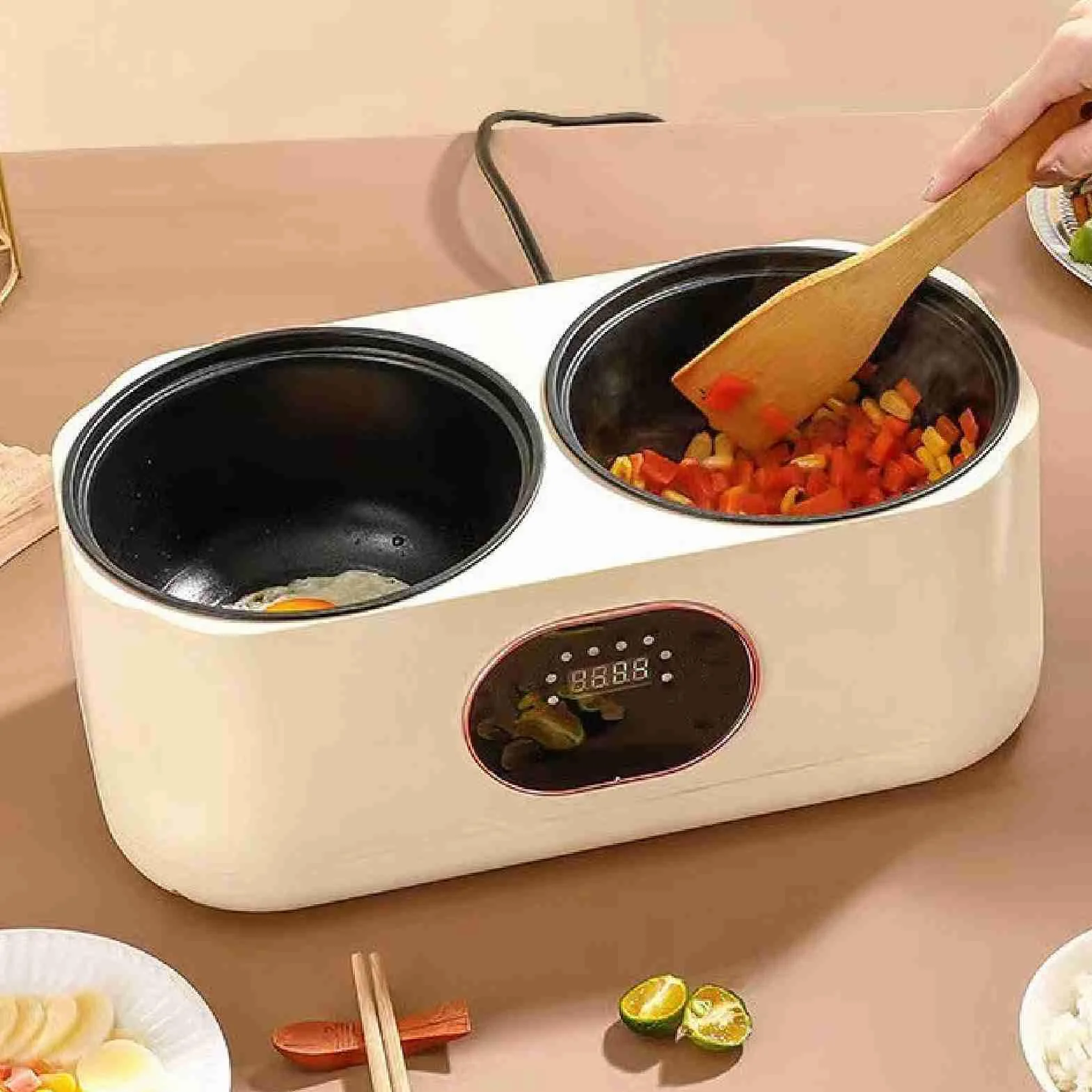 Olla de Cocción Lenta Dual Doble 2 Ollas, Calentador de Alimentos, Aislamiento Inteligente Automático, Multifuncional Desmontable