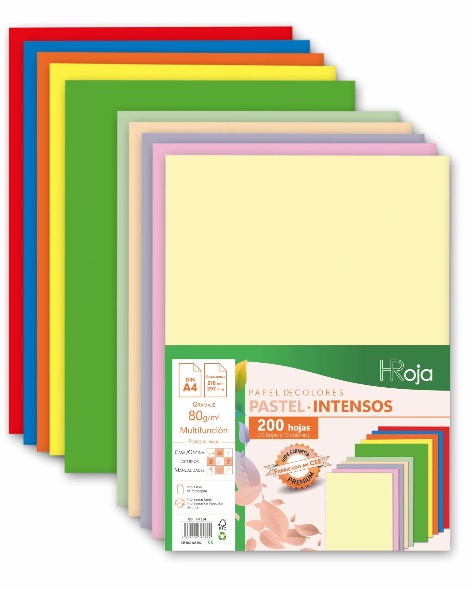 Folios Colores Pastel + Intensos A4 80 g 200 hojas Papel multifunción para Impresoras Inkjet y Láser 210 x 297 mm