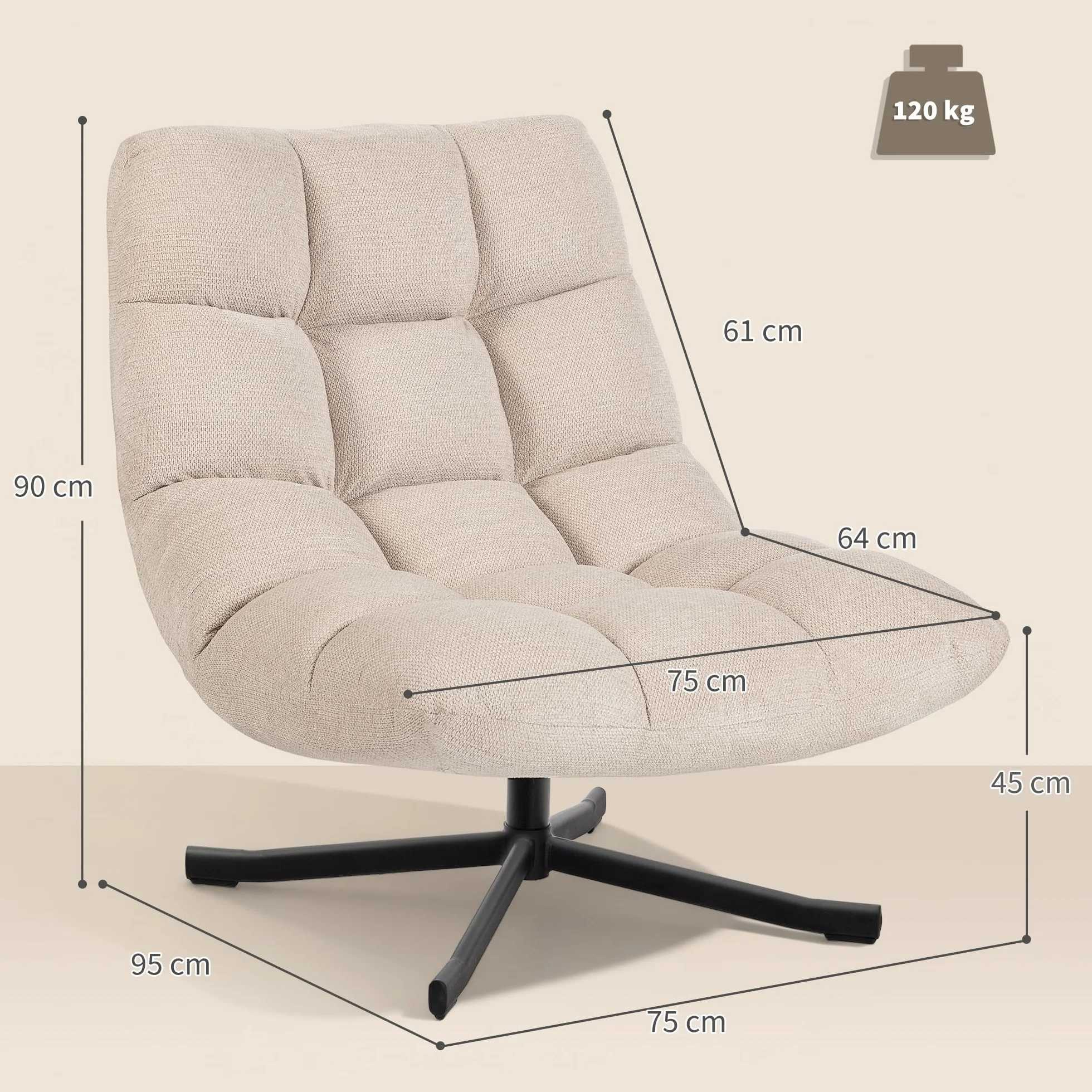 HOMCOM Sillón Giratorio Moderno, Butaca de Salón con Respaldo Plegable, Base de Cruz, Tapizado en Chenilla Impermeable, Asiento Extra Ancho y Patas de Acero, para Sala de Estar, Dormitorio, Crema