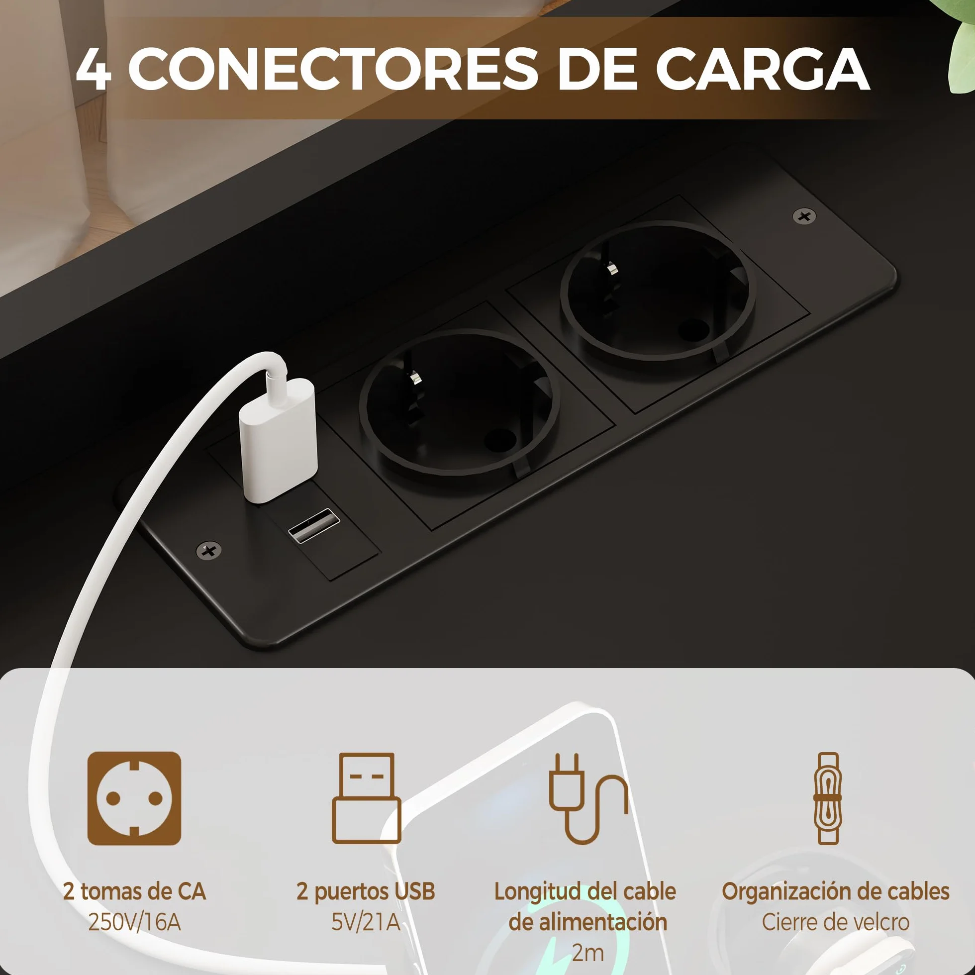 BEWISHOME Juego de 2 Mesitas de Noche,con Compartimento Oculto,con Luces LED y Estación de Carga Mesas Auxiliares（2 Tomas AC 2 Puertos USB）,para Salón,Dormitorio (Negro) EFCG02B