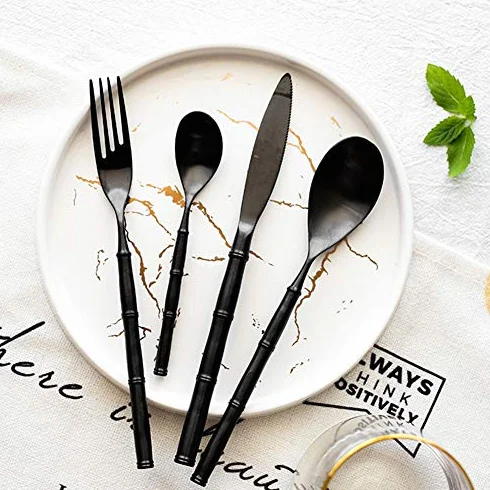 Genérico Juego De Cubiertos De Acero Inoxidable, Cubiertos Duraderos De Acero Inoxidable 304, Juego De Cubiertos De 16 Piezas, Cubiertos para Banquetes De Boda, Cuchillo (Black，Gold)