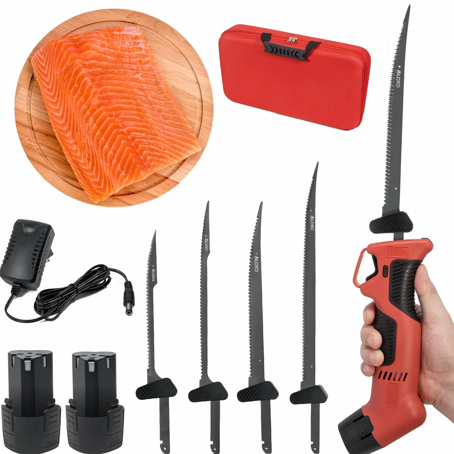 VLOXO Cuchillo Electrico Cocina Inalámbrico con 4 Cuchillas de Acero Inoxidable y 2 Baterías Cuchillos Cocina Eléctrico Recargable Bloqueo de Seguridad Cuchillos Carne Mango Antideslizante