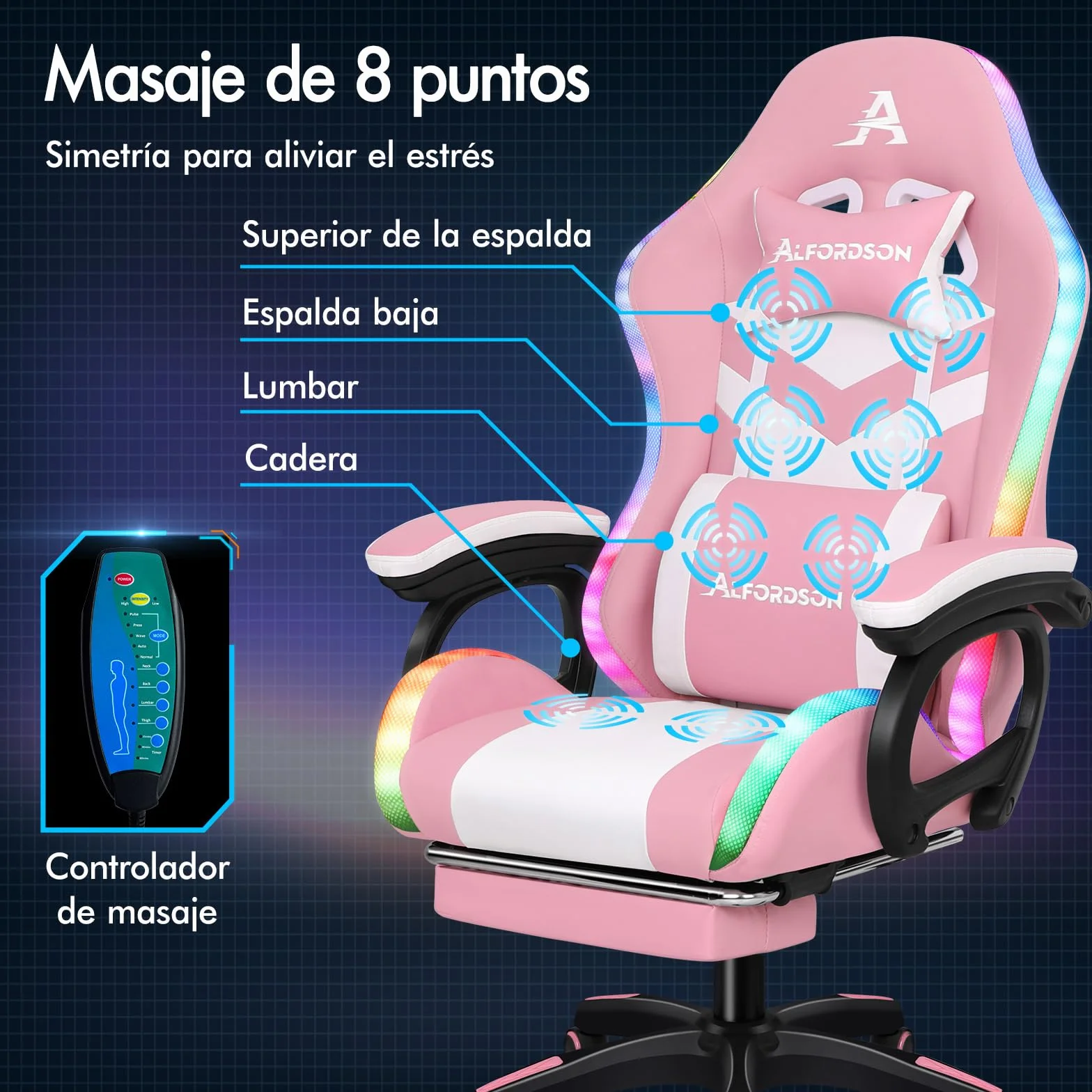 ALFORDSON Silla Gaming con Masaje y LED, Silla Gamer Ergonómica con Cojín Lumbar y Cervical, Reposapiés Telescópico, Iluminación para Ordenador, Videojuego, Juegos, Oficina, Cuero PU(Rosa)