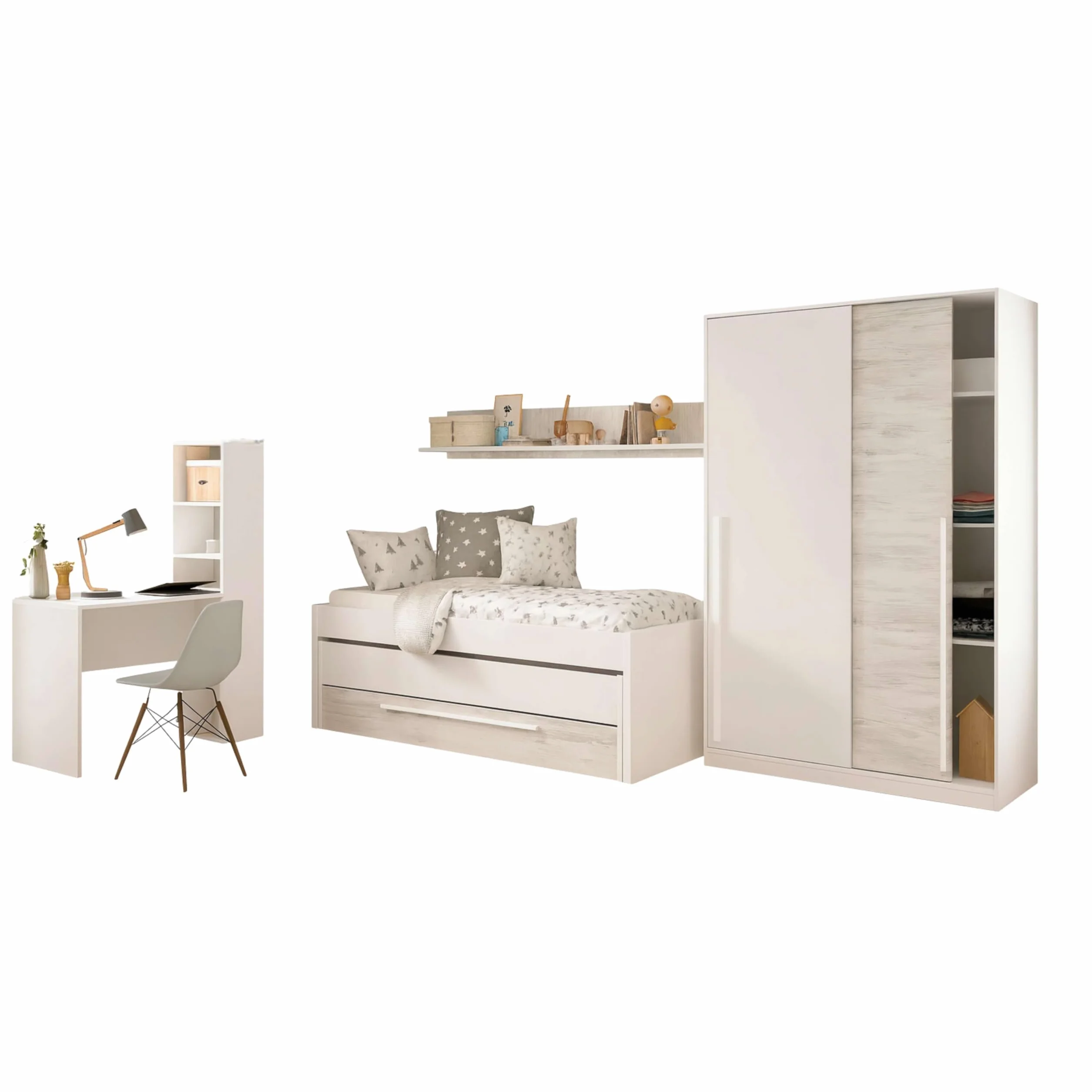 Miroytengo Pack Muebles Dormitorio Juvenil Completo en Color Blanco y Roble Claro Cama + Armario (Diferentes Opciones en Escritorio)