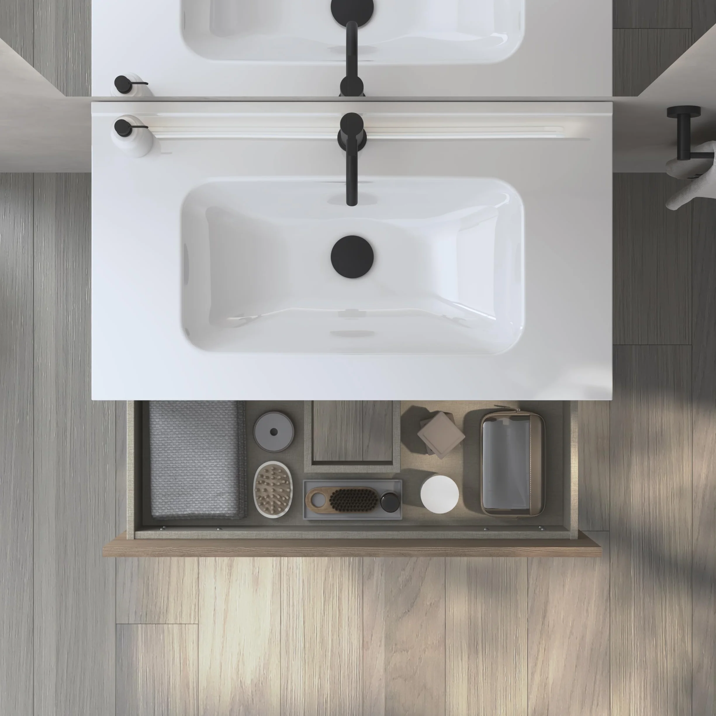 EstiloBaño Aurora Conjunto Mueble de Baño Suspendido 2 Cajones Lavabo 60 cm Blanco Nogal