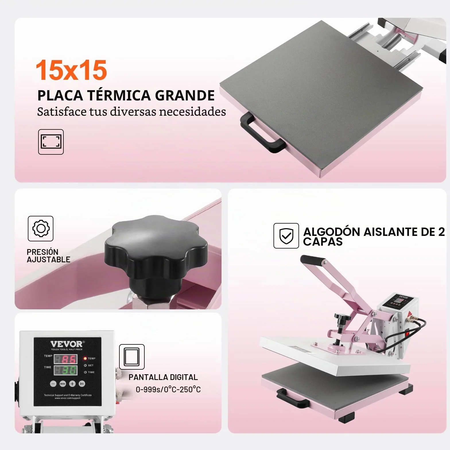 VEVOR Prensa Térmica Deslizable Máquina de Prensa Térmica Digital de 380 x 380 mm con Algodón Aislante de 2 Capas Máquina de Transferencia de Calor para Camisetas, Tazas, Almohadas y Bolsas, Rosa