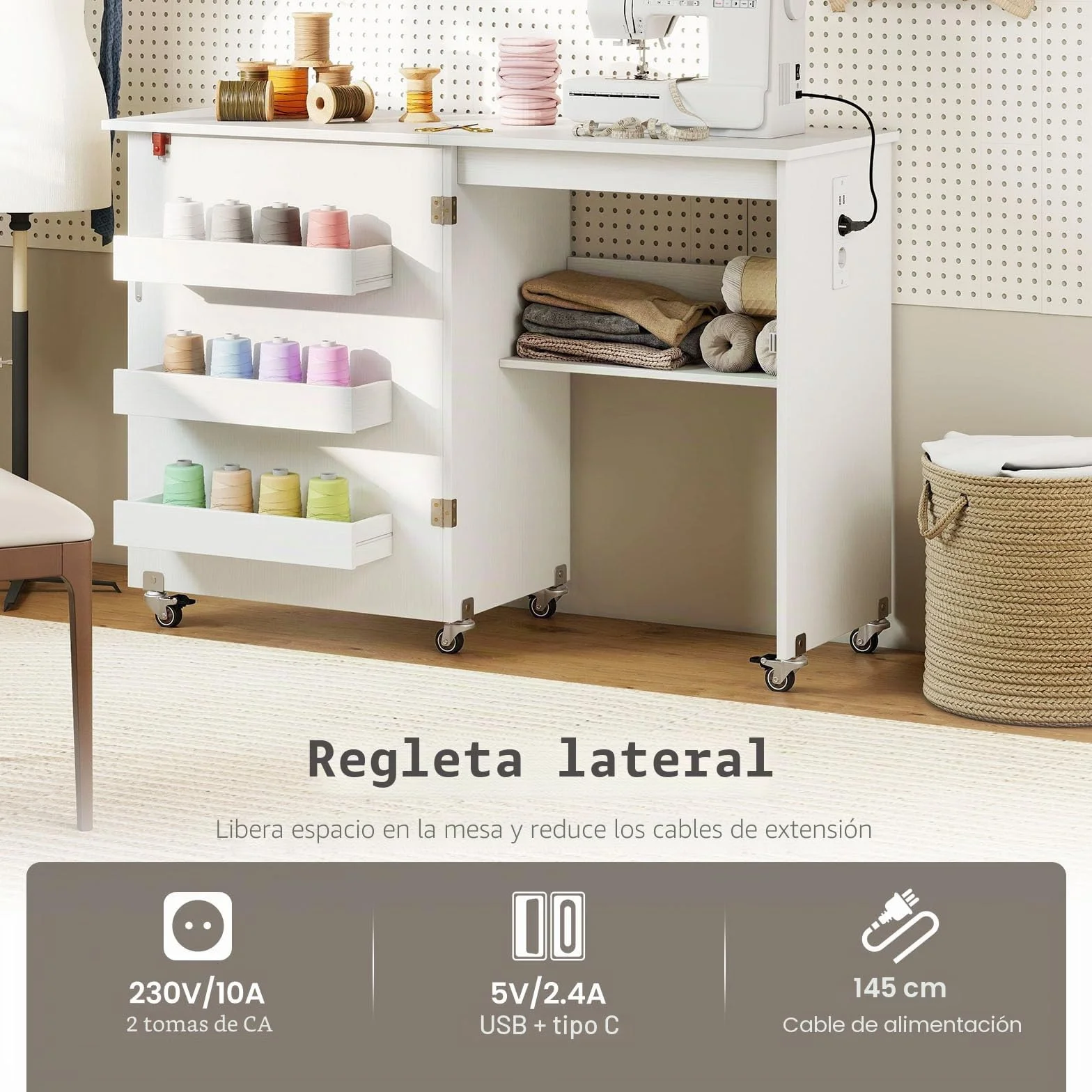 LIFEZEAL Mesa de Coser Plegable con Base de Carga, Armario de Máquina de Coser Móvil con Estante y Cajones, Armario de Costura Multifuncional con Ruedas para el Hogar y la Oficina (Blanco)
