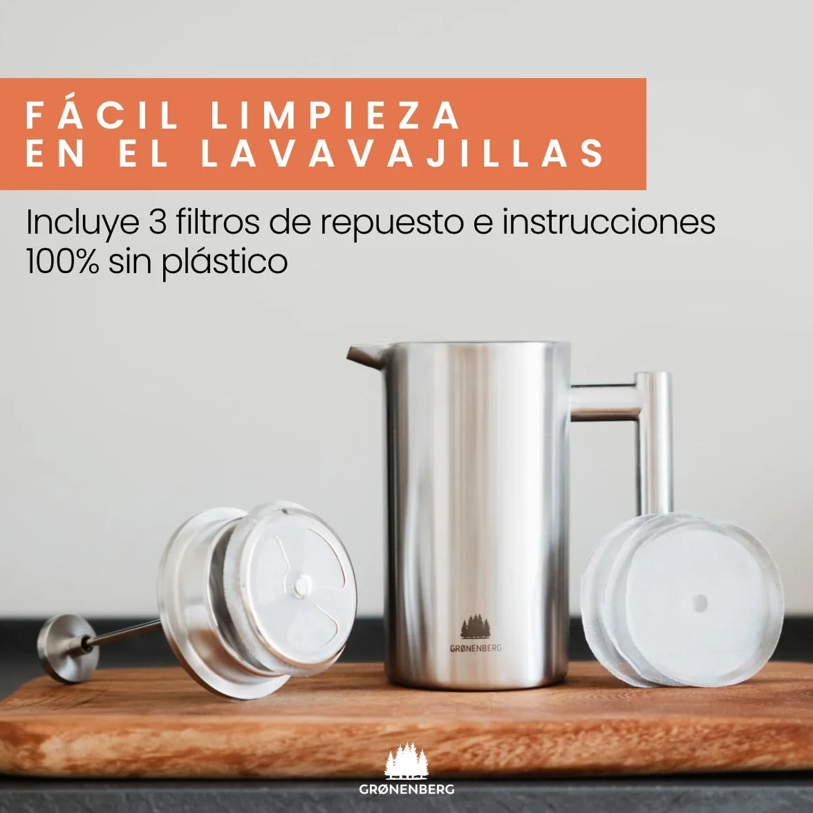 Groenenberg Pack ahorro 1 | Cafetera francesa 1l + Molinillo de café manual | Prensa francesa (acero inox) con filtros de repuesto