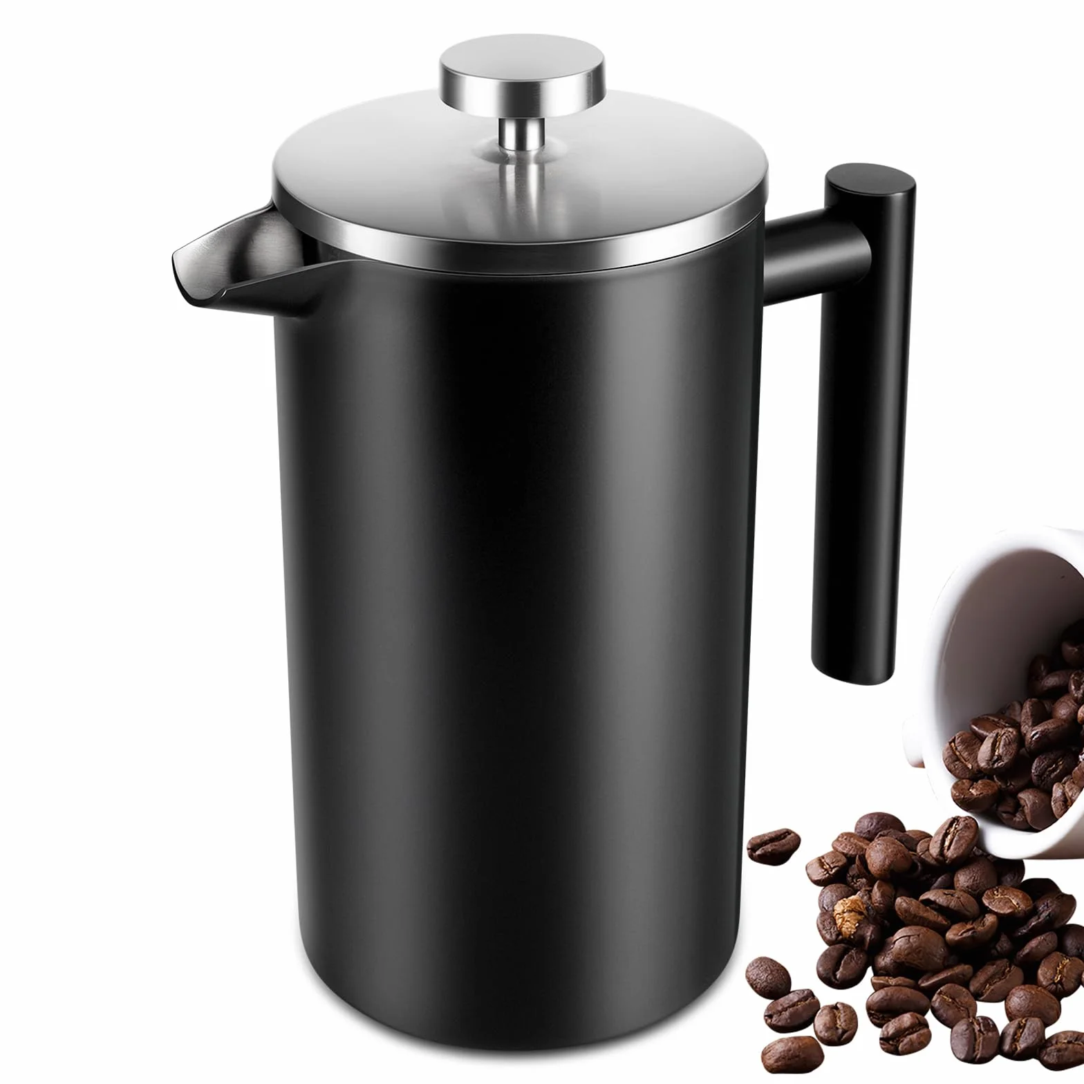 SZHETEFU French Press - Cafetera de prensa francesa grande aislada de acero inoxidable de alta calidad, capacidad de 4 a 6 tazas, cafetera de émbolo de prensa francesa, color negro