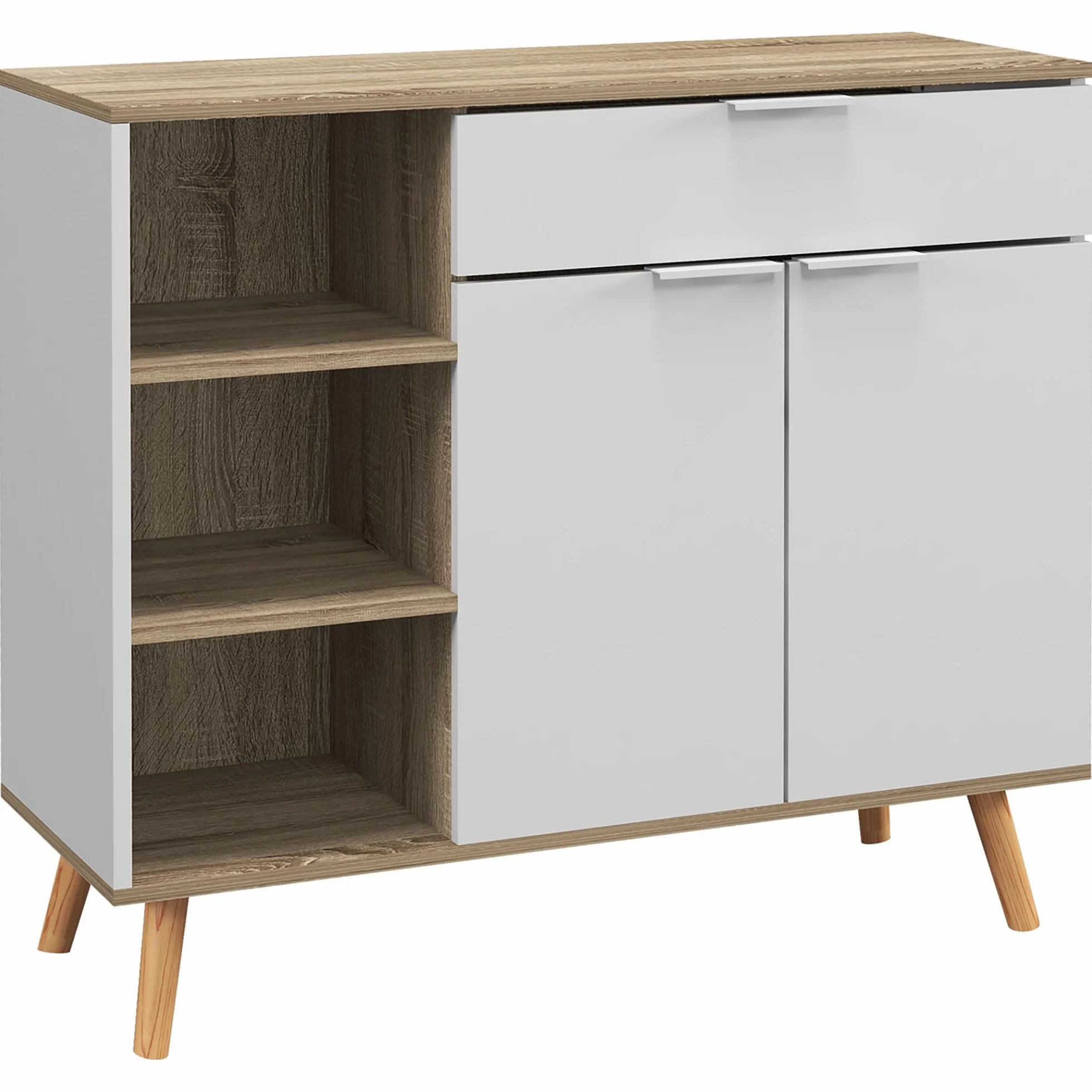 HOMCOM Aparador de Salón Moderno Aparador de Cocina con 1 Cajón 2 Puertas de Cierre Suave y Estantes Ajustables para Comedor Pasillo Dormitorio 95x35x85 cm Blanco y Natural