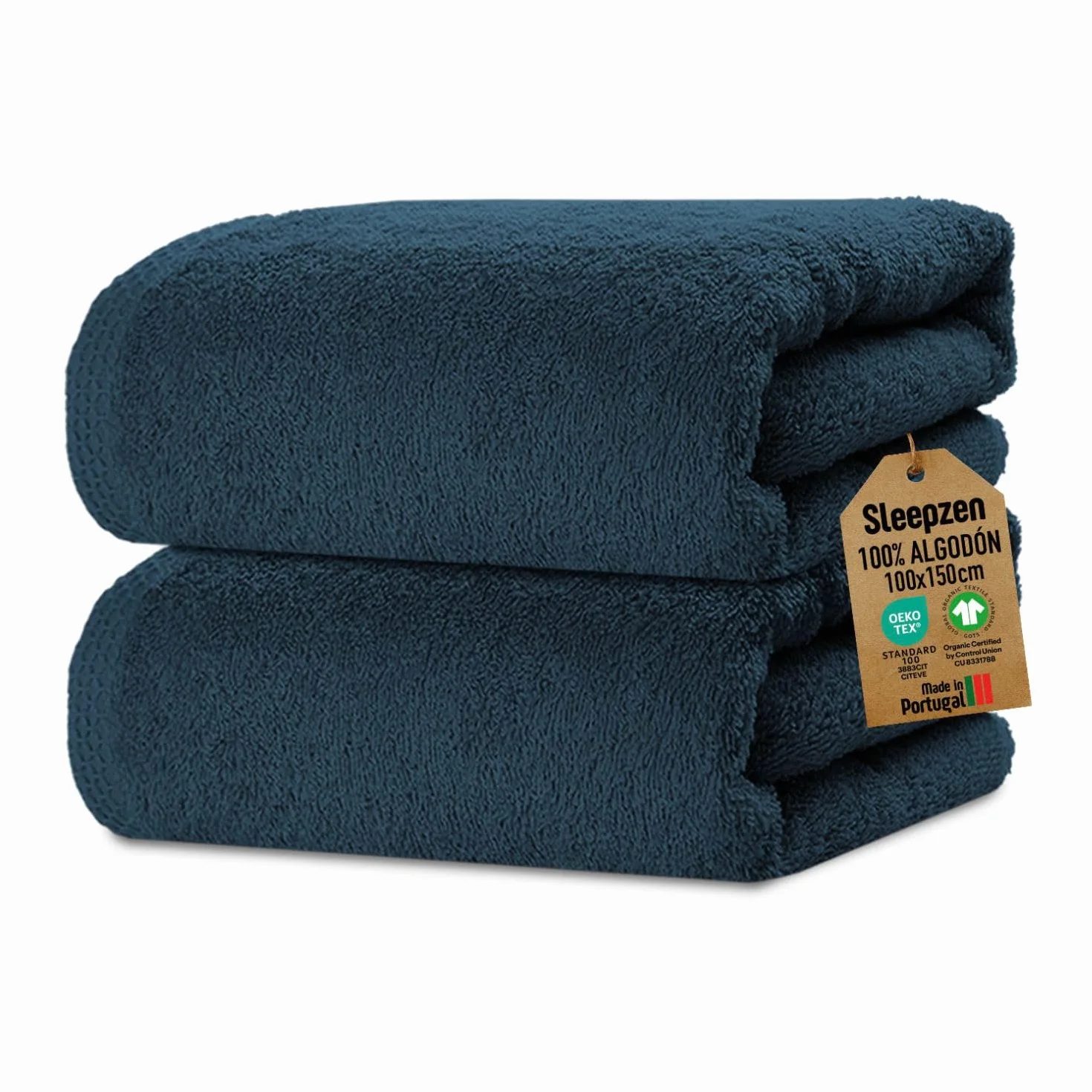 SLEEPZEN - Juego de Toallas de Baño 100x150, Juego de 2 - Azul Poseidón, Algodón Orgánico Certificado Gots - 500 gsm - Ultra absorbentes, Extra Suaves - Fabricadas en Portugal - Certificadas Oeko-Tex
