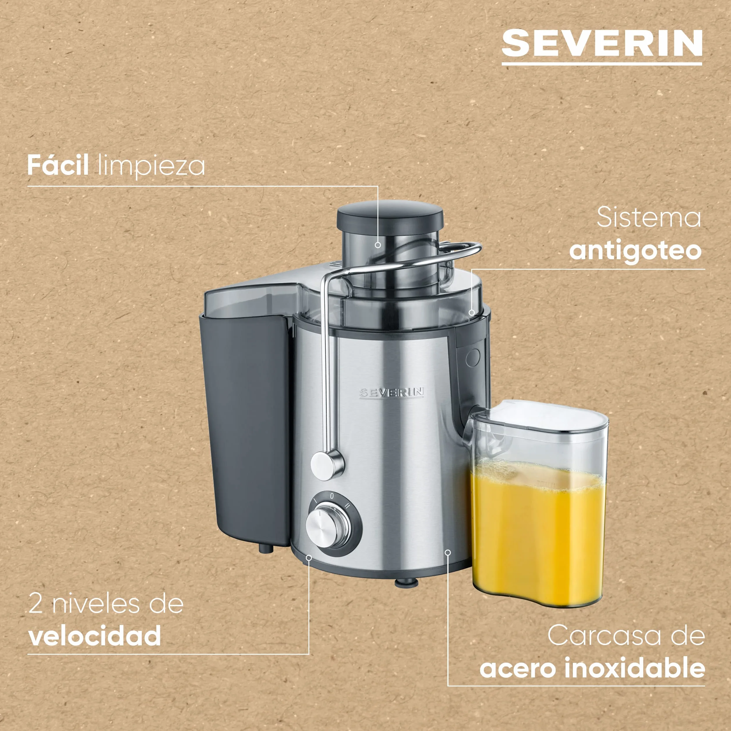 SEVERIN Licuadora para verduras y frutas ricas en vitaminas, extractor de zumo silencioso, licuadora eléctrica de acero con recipiente recolector de 500 ml, plateado/negro, ES 3566