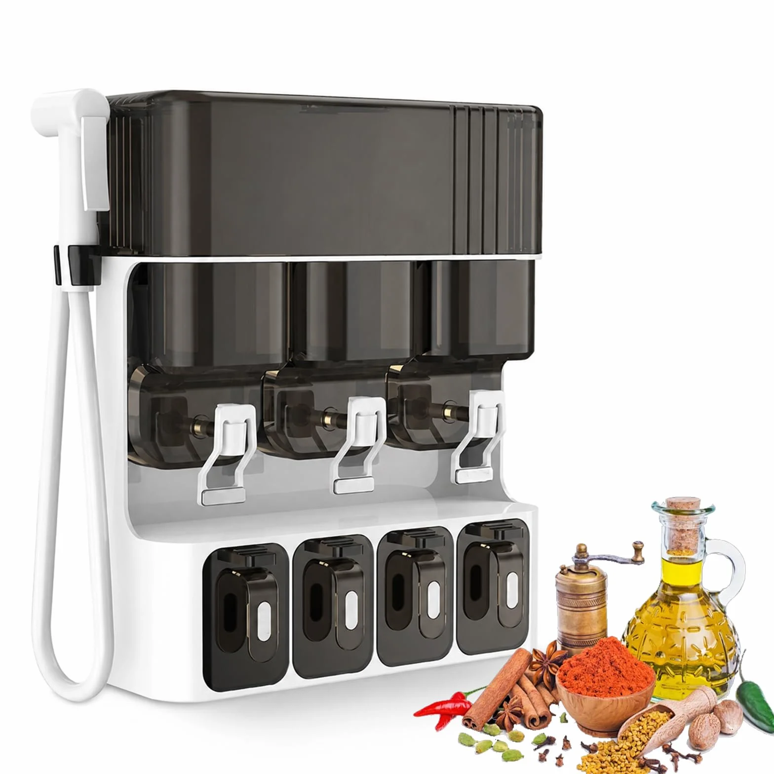 Estante Para Especias De Pared, 3 Dispensadores De Líquidos Y Caja De Almacenamiento De Condimentos De 4 Cajones Con Pistola De Aceite, Sin Taladro, Dispensador De Aceite De Gran Capacidad