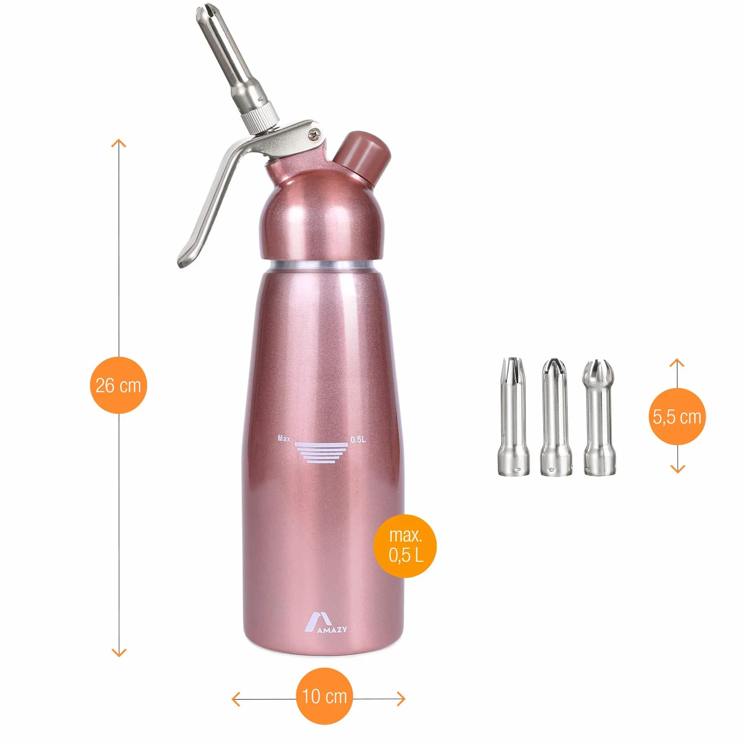 Amazy Sifon de Cocina para Espuma Profesional - Incluye 3 Accesorios Decorativos de Acero Inoxidable y 1 Cepillo Dispensador de Nata montada para Crema, Nata, Espuma y Soda (Rosa 500 ml)