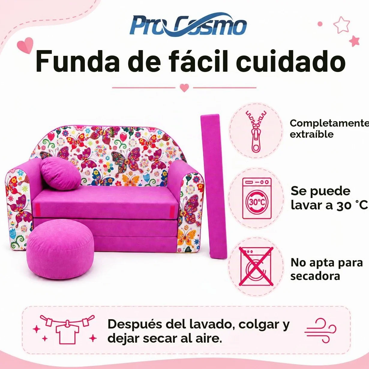 Un sofá Plegable para niños con función de Dormir con Colchón, Cojín y Puf Desenfundables - 98x168x59 cm - Ligero y Fácil de Plegar - Color HX1 Rosa Claro - Erizos