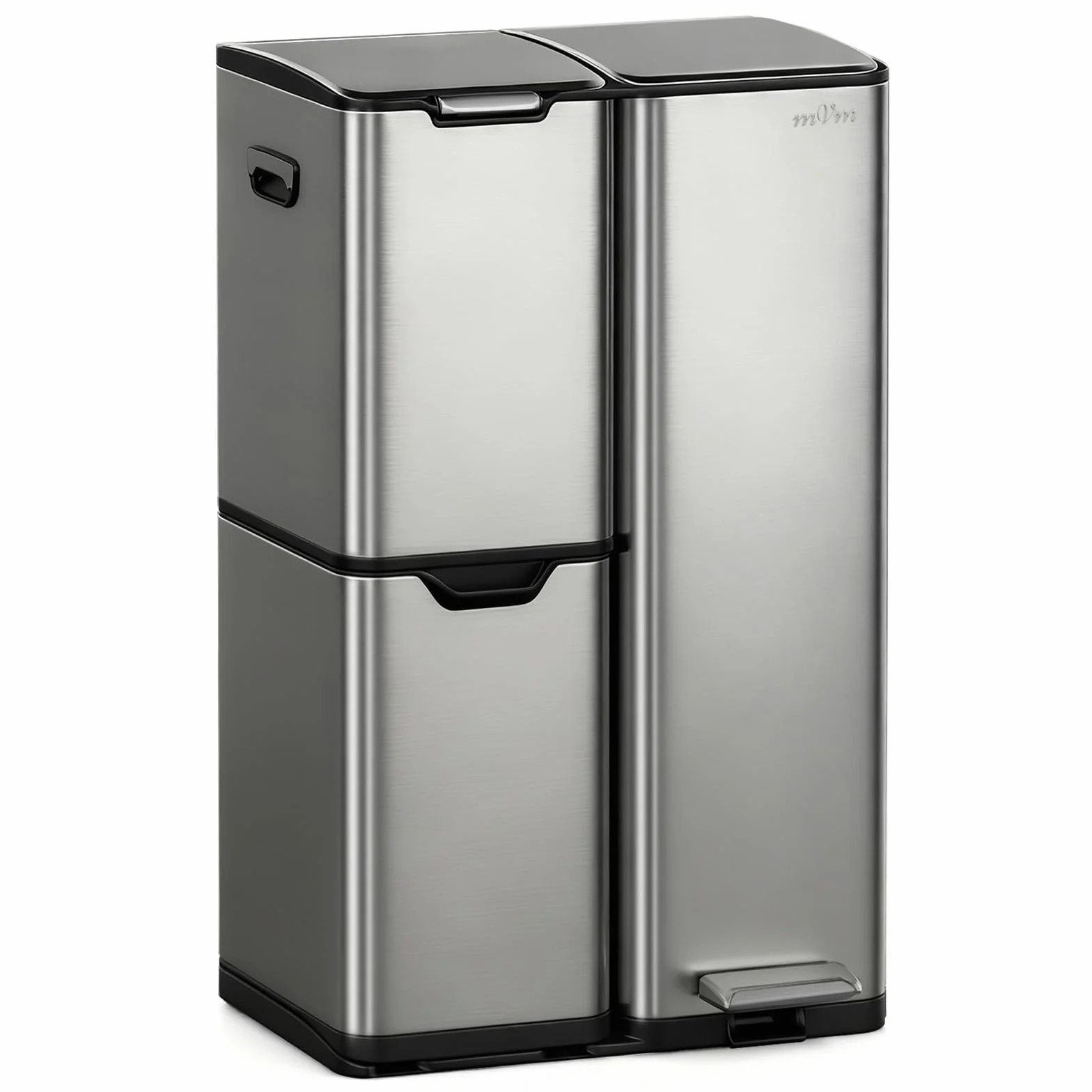 mVm Cubo de Basura Cocina de Acero Inoxidable, 3 Compartimentos 60L con Tapa de Cierre Suave, Contenedor Multifuncional para Separación de Residuos en Casa u Oficina, Gris