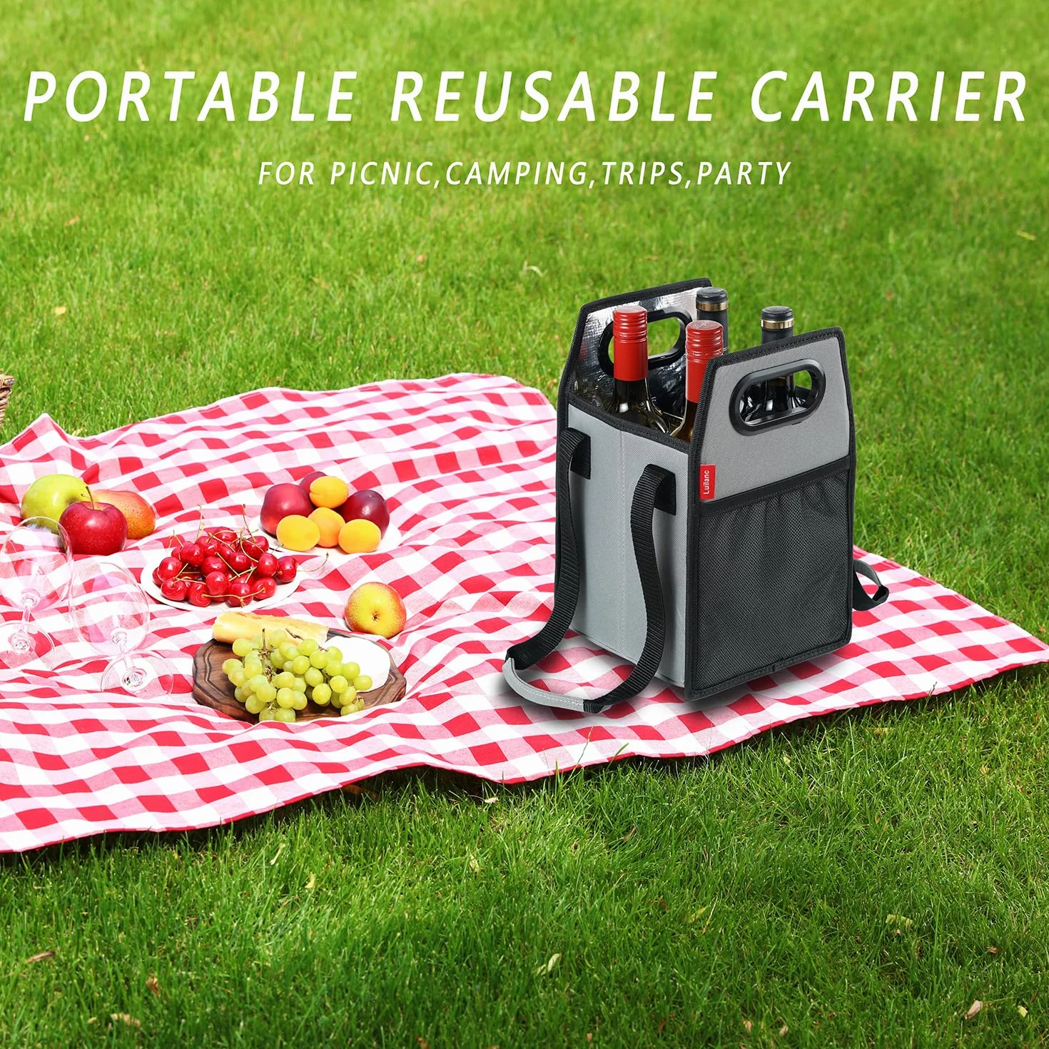 Portabotellas plegable reutilizable con correa para 6 botellas (gris, 4 botellas)