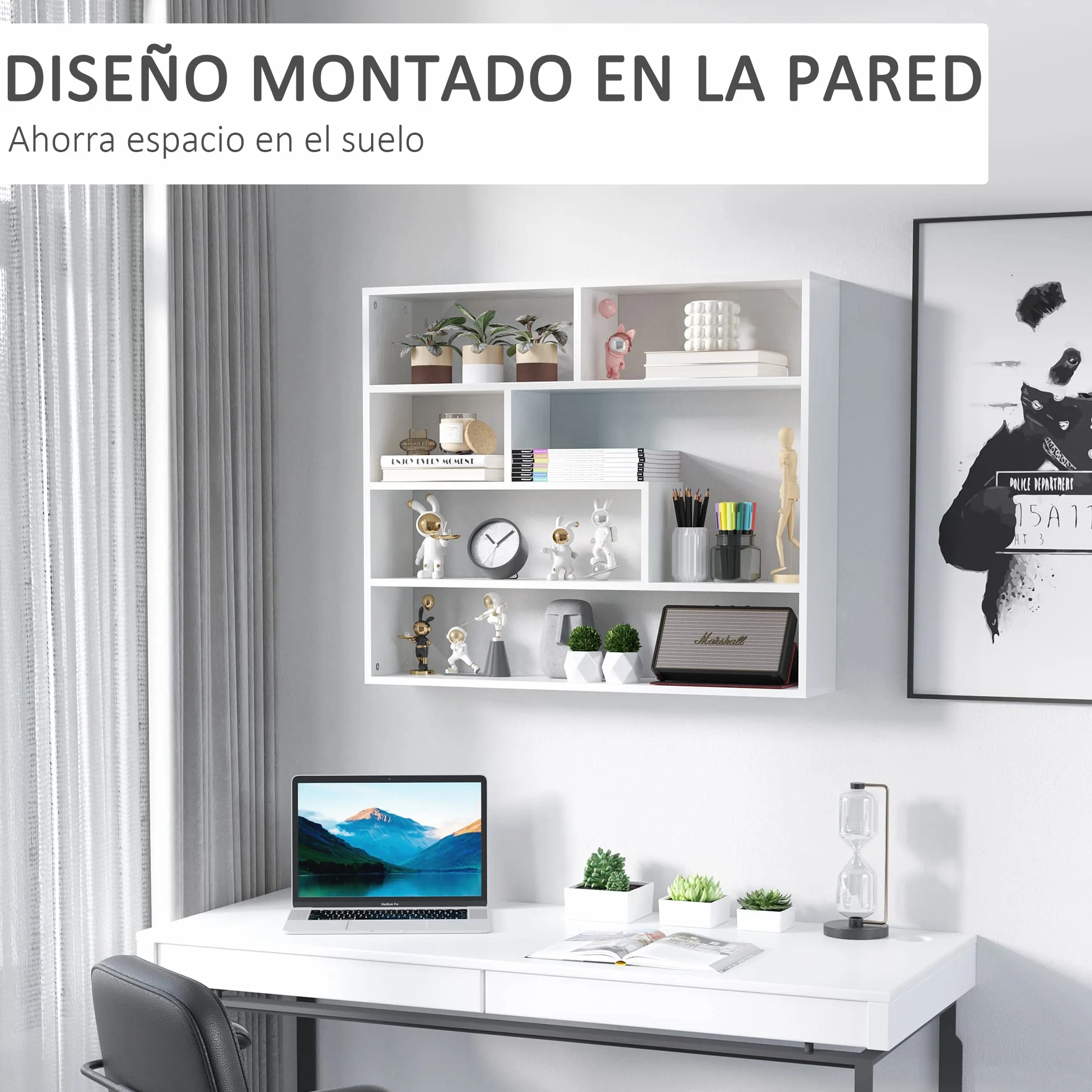 HOMCOM Estantería de Pared 4 Niveles Balda Flotante 94x19,5x80 cm Blanco | 7 Compartimientos Abiertos, para Salón Dormitorio Oficina, Estilo Moderno