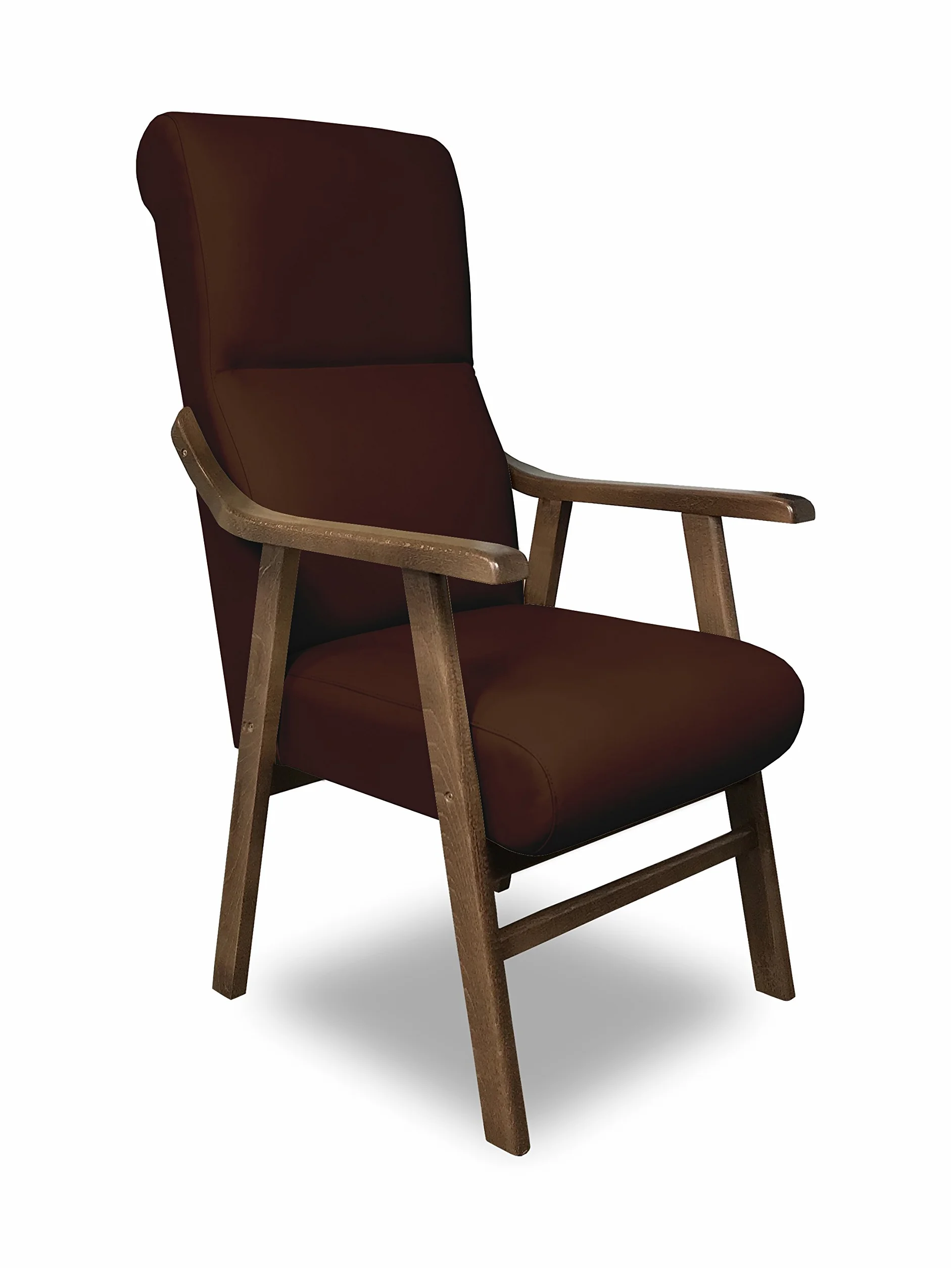 Butaca Boston, Estructura de Madera de Haya y Nogal. Tapizado en Polipiel Color Chocolate. Silla Geriátrica y de Relajación para Comedor y Sala de Estar