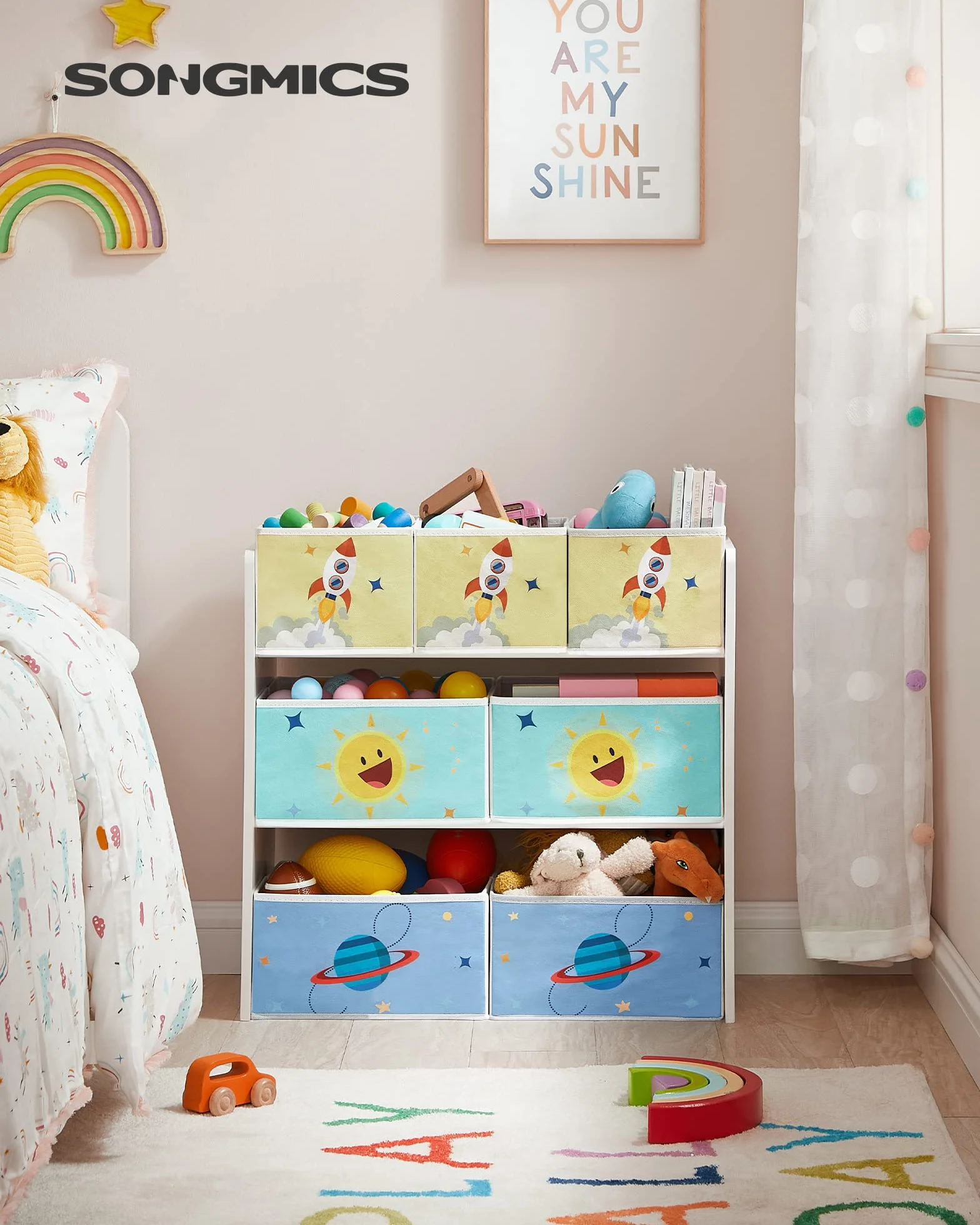 SONGMICS Estantería Infantil con 7 Cajas de Almacenamiento de Tela no Tejida, Organizador de Juguetes, 29.5 x 62.5 x 60 cm, Blanco