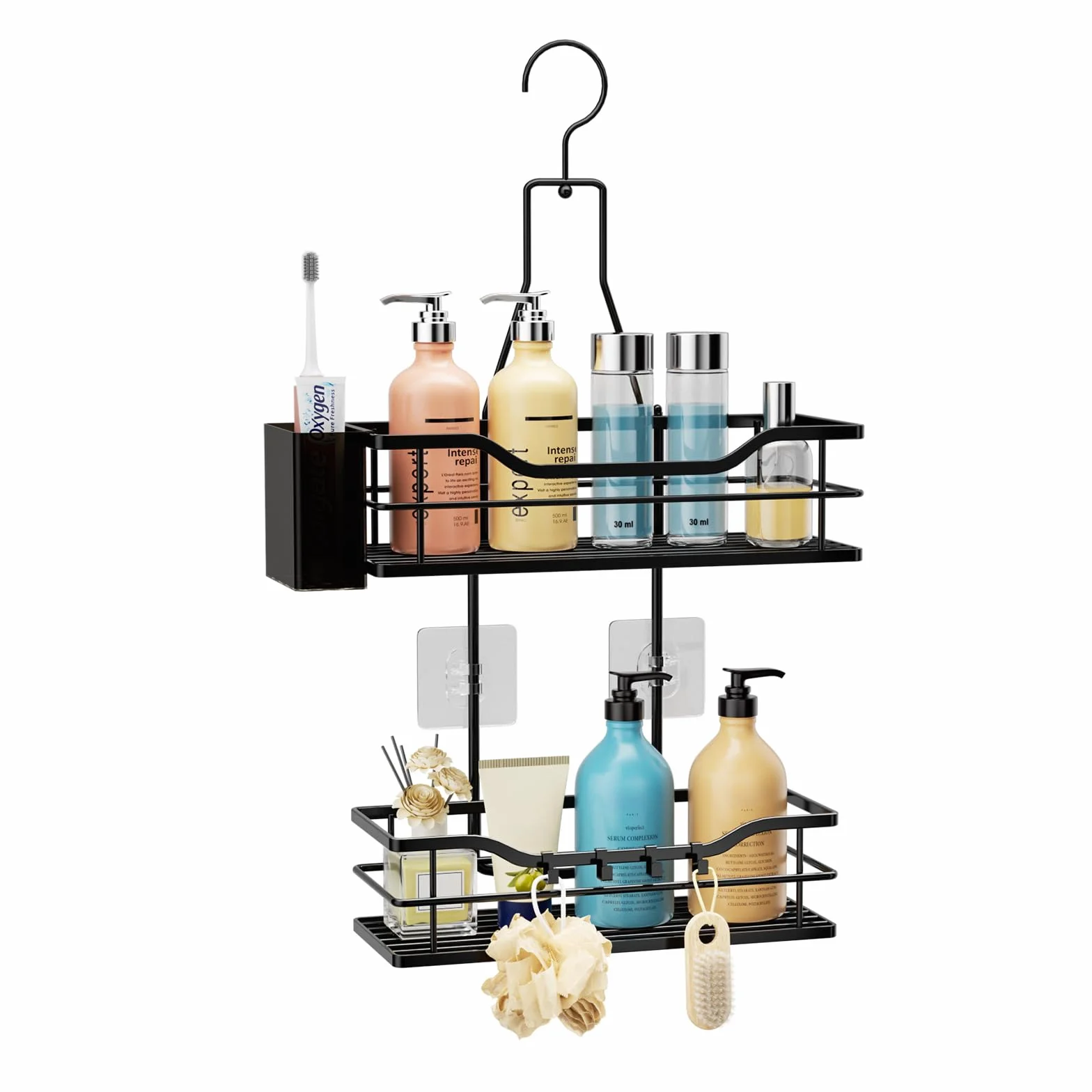HapiRm Organizador colgante para ducha, organizador de baño de 2 niveles con gancho superior giratorio de 360° y 4 ganchos, estante de ducha negro inoxidable para champú, acondicionador y