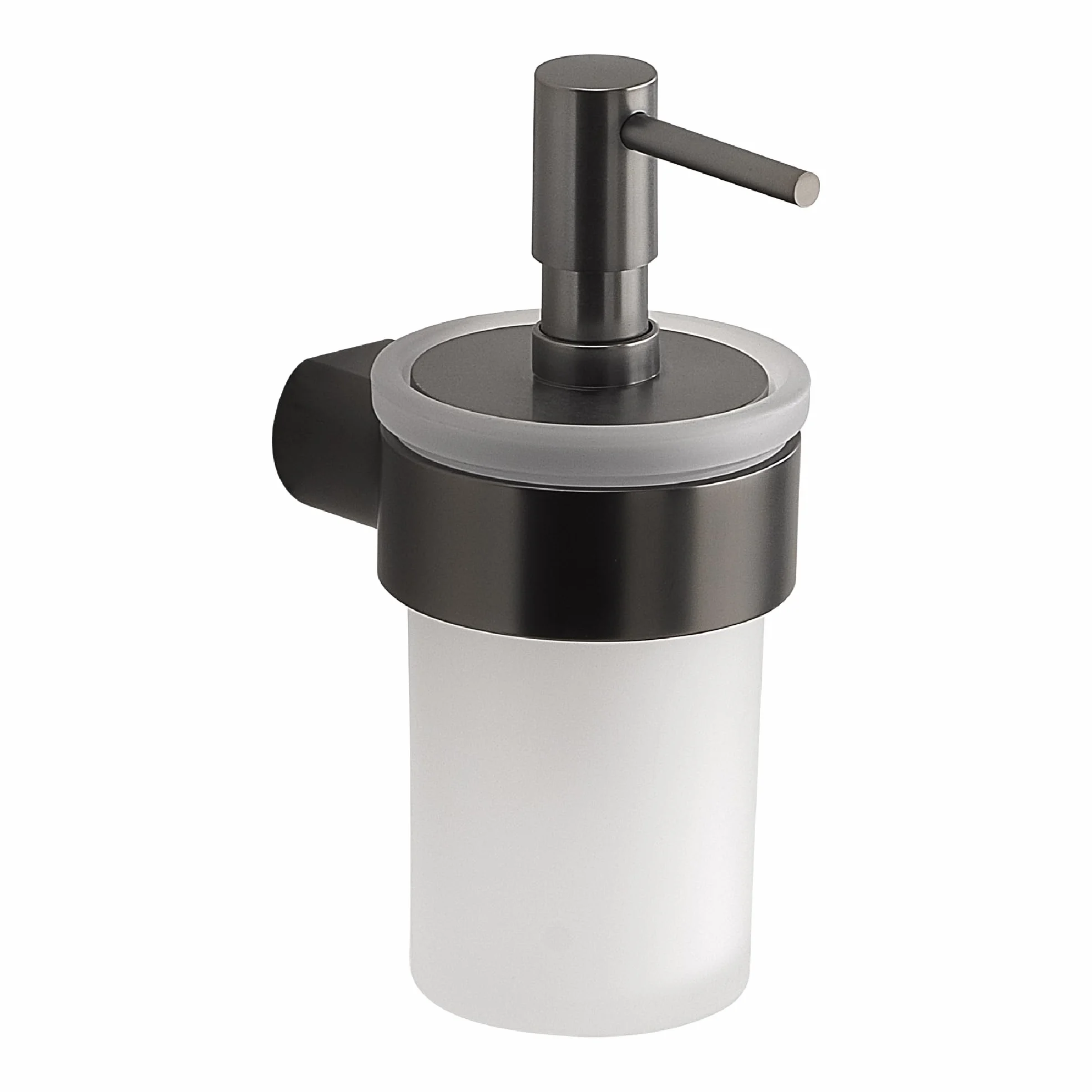 Gedy Pirenei Dosificador Jabón Latón Cristal Satinado Gun Metal | L6,9 x P10,5 x H15,1 cm | Latón/Cristal/Plástico | Pared tornillos+tacos | Gun Metal | PVD
