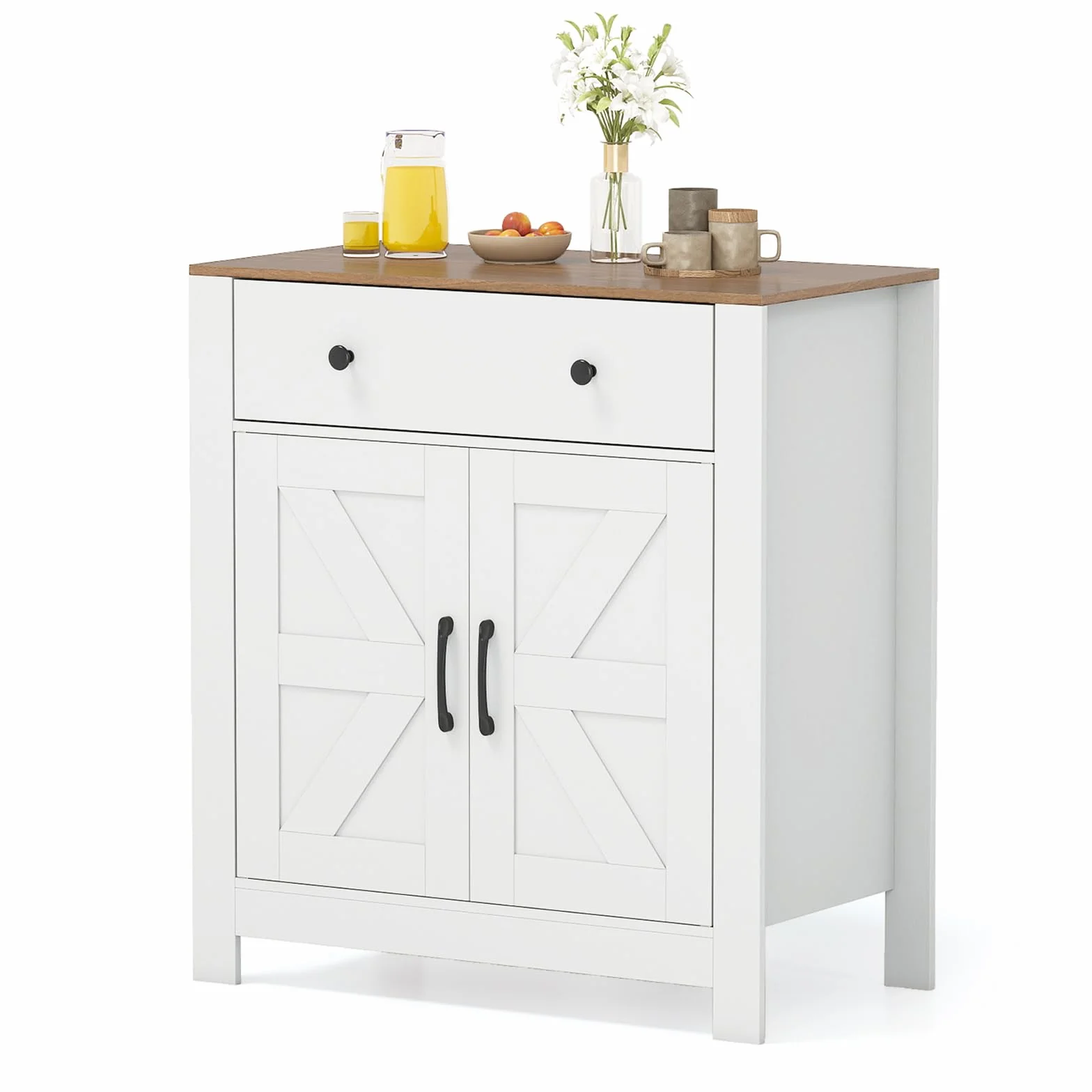COSTWAY Mueble Auxiliar de Cocina, 76 x 40 x 85 cm, Aparador de Entrada Bajo con 1 Cajón, 2 Puertas y Estante Ajustable, Armario de Almacenamiento para Cocina, Salón, Entrada, Blanco y Natural