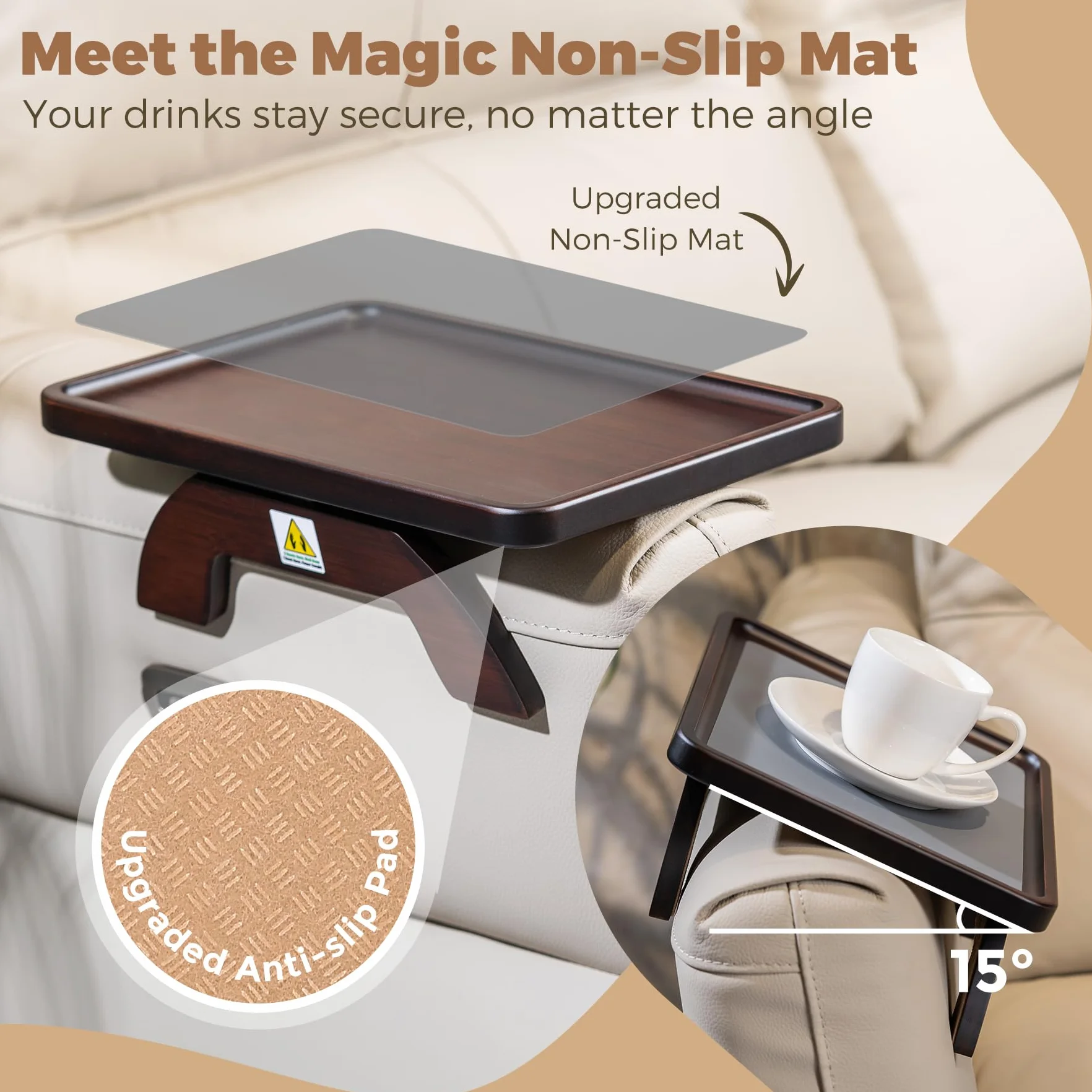 Mesa con reposabrazos de bambú natural para sofá, para bebidas, aperitivos, comer, control remoto, bandeja para brazo de sofá (marrón)