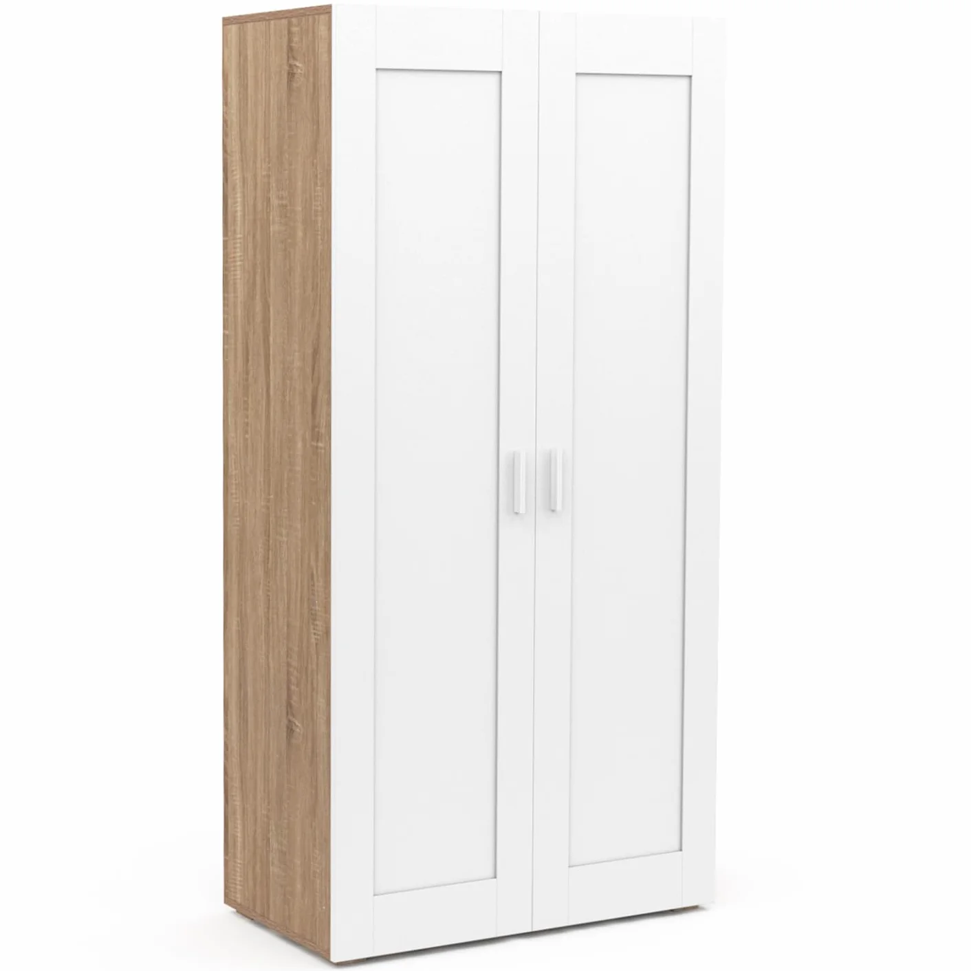 IDMarket - Armario de 2 puertas VITO blanco y madera con barra interior de 80 cm con estantes. Almacenamiento de máxima capacidad