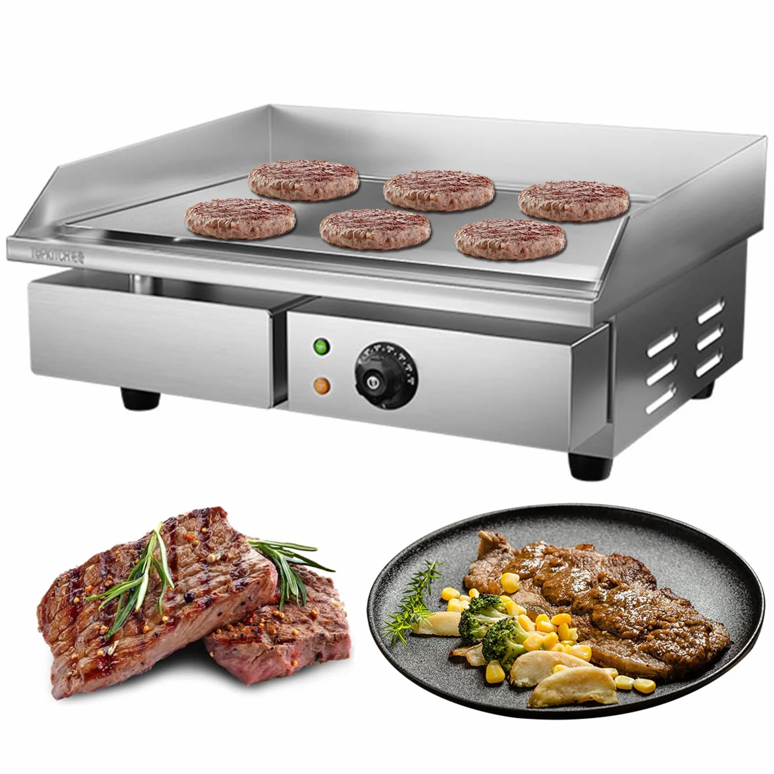 Plancha Cocina Eléctrica Profesional Plancha Barbacoa Acero Inoxidable 54,5 X 35 Cm Plancha Cocina Electrica con Bandeja Recoge Grasa, Antisalpicaduras Temperatura 50-300°C