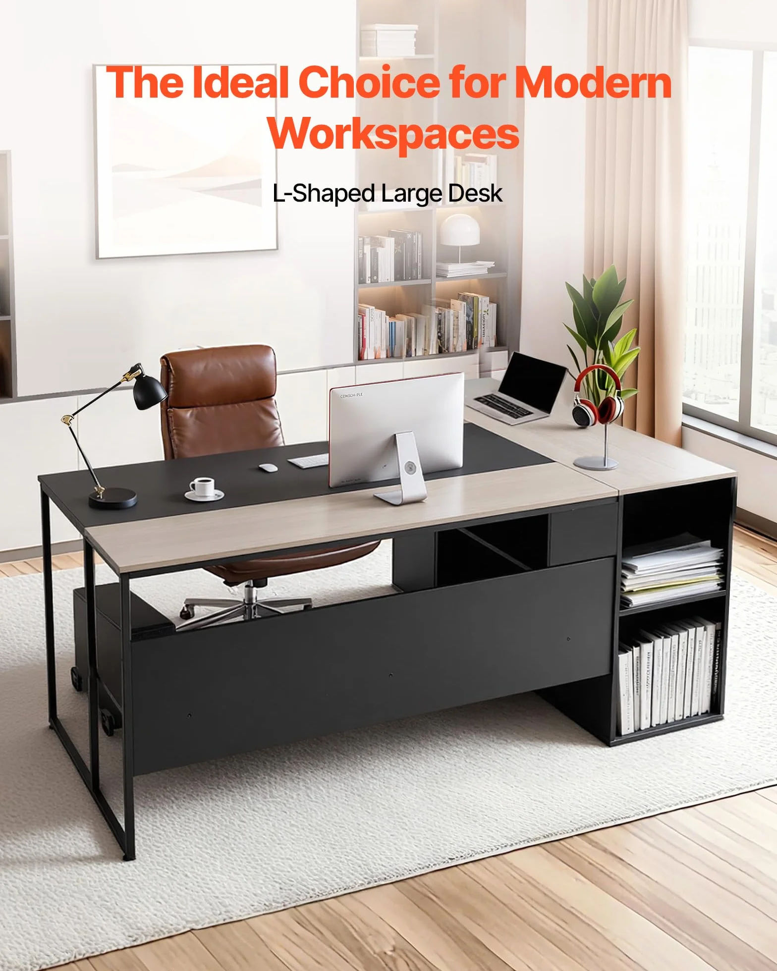 VEVOR Escritorio Ejecutivo en Forma de L, Amplio Escritorio Moderno con Cajones, Armario de Almacenamiento y Soporte para CPU, Madera, Soporta hasta 158,7 kg, para Trabajar, Estudiar y Escribir