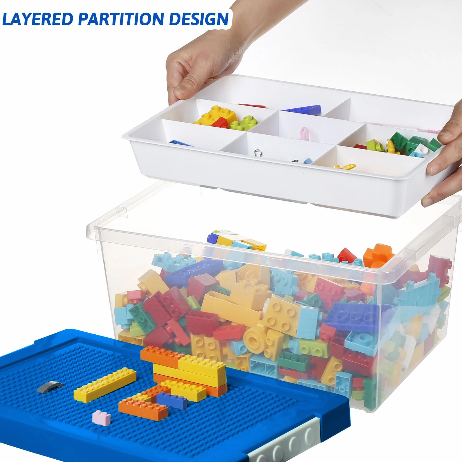 Greentainer Set de 3 Cajas de Almacenamiento de Juguetes con Tapa y Bandeja Extraíble, PP Apilable, Organizador para Bloques, Compatible con Ladrillos, para Habitación Infantil(Azul)