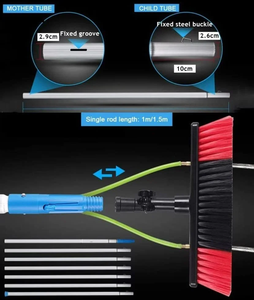 Barra telescópica de limpieza de ventanas de 7 m, limpiador de techo de panel solar, kit de cepillo extensible para invernaderos, alcance sin esfuerzo y brillo sin manchas