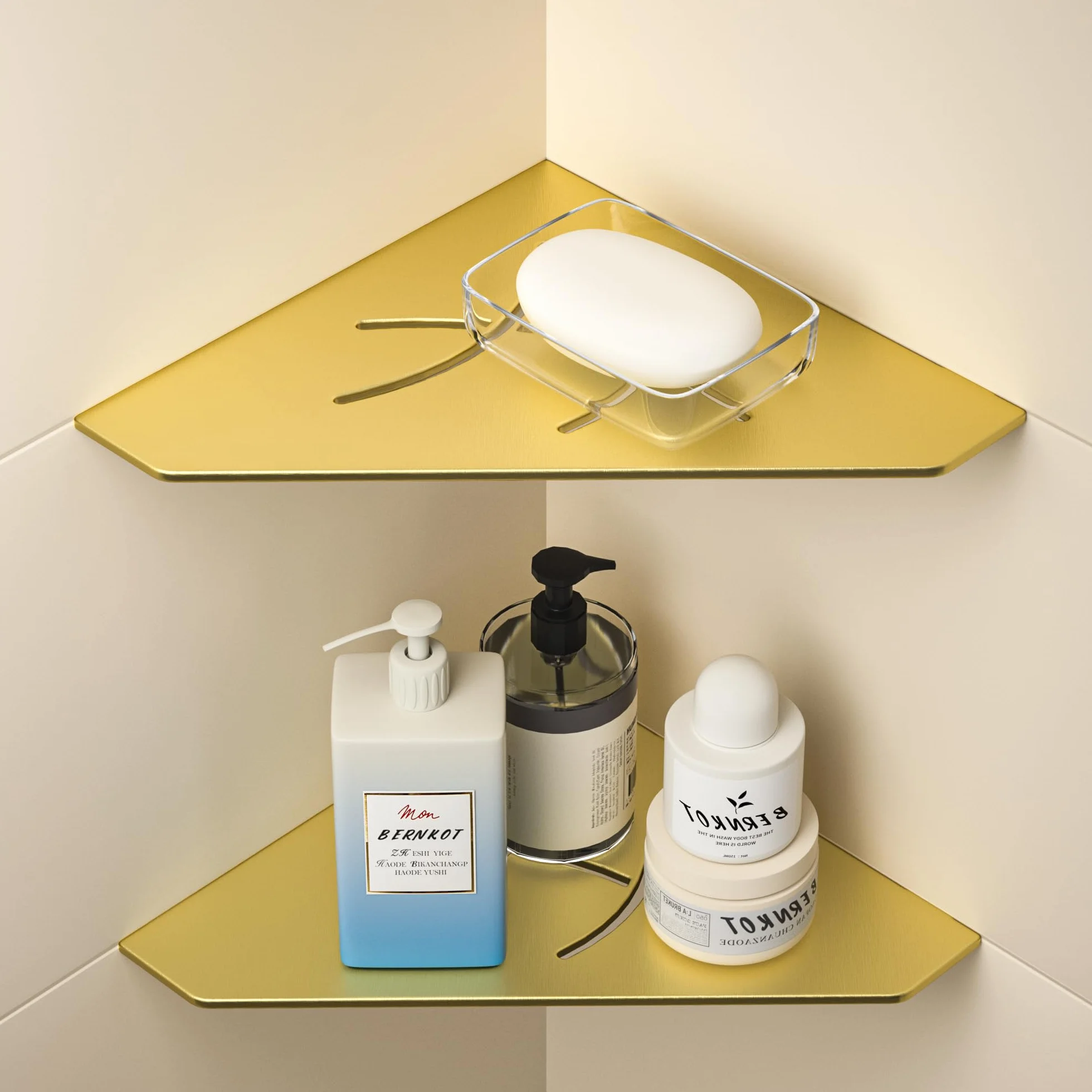 Estantería de ducha de acero inoxidable 304, color dorado, 2 unidades | Estantería de esquina pentagonal de 3 mm de grosor, sin taladrar, para baño y ducha