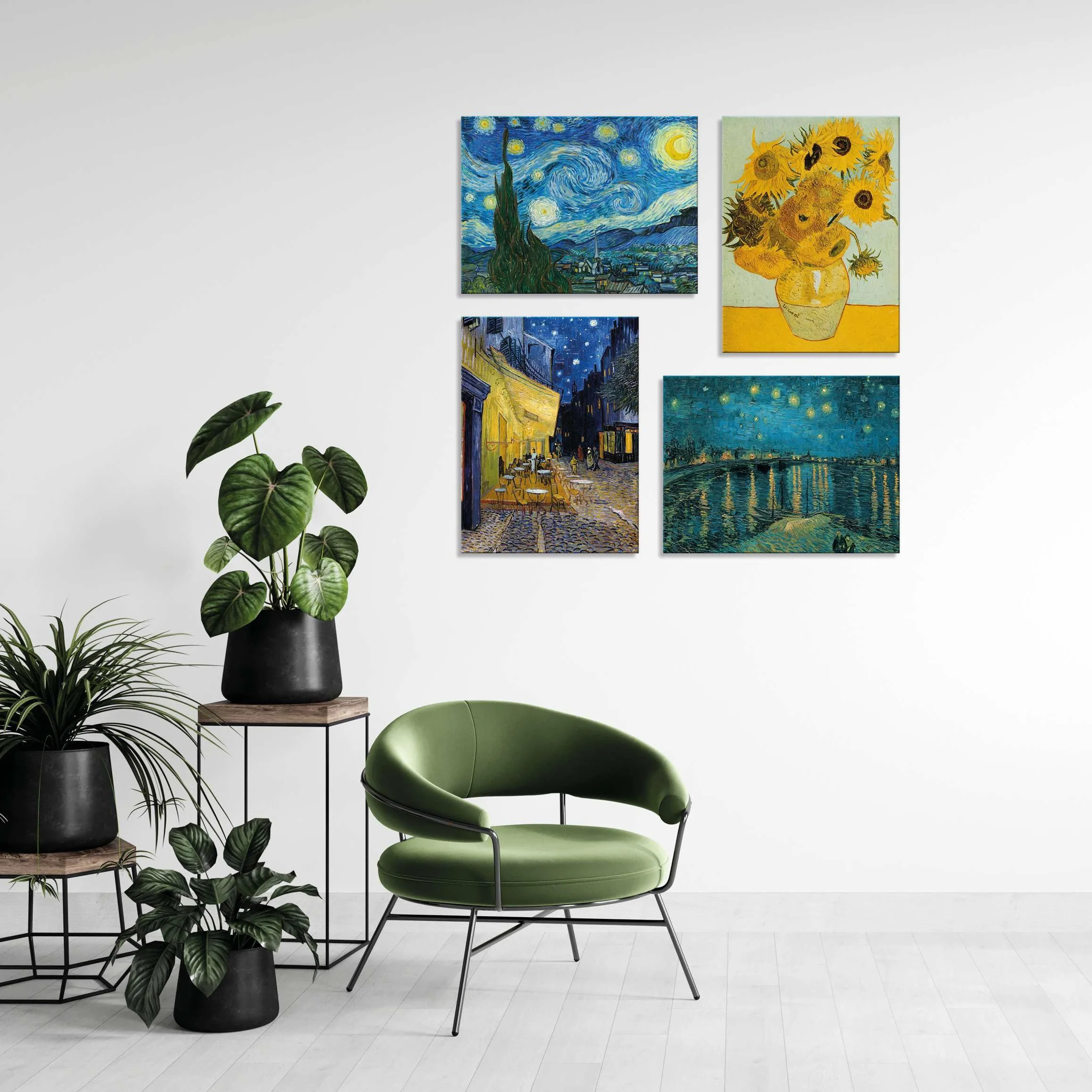 LuxHomeDecor Juego de 4 cuadros 40 x 30 cm – Impresión sobre lienzo con marco de madera – Vincent V. Gogh – Noche estrellada, girasoles, terraza del café, noche en el Ródano