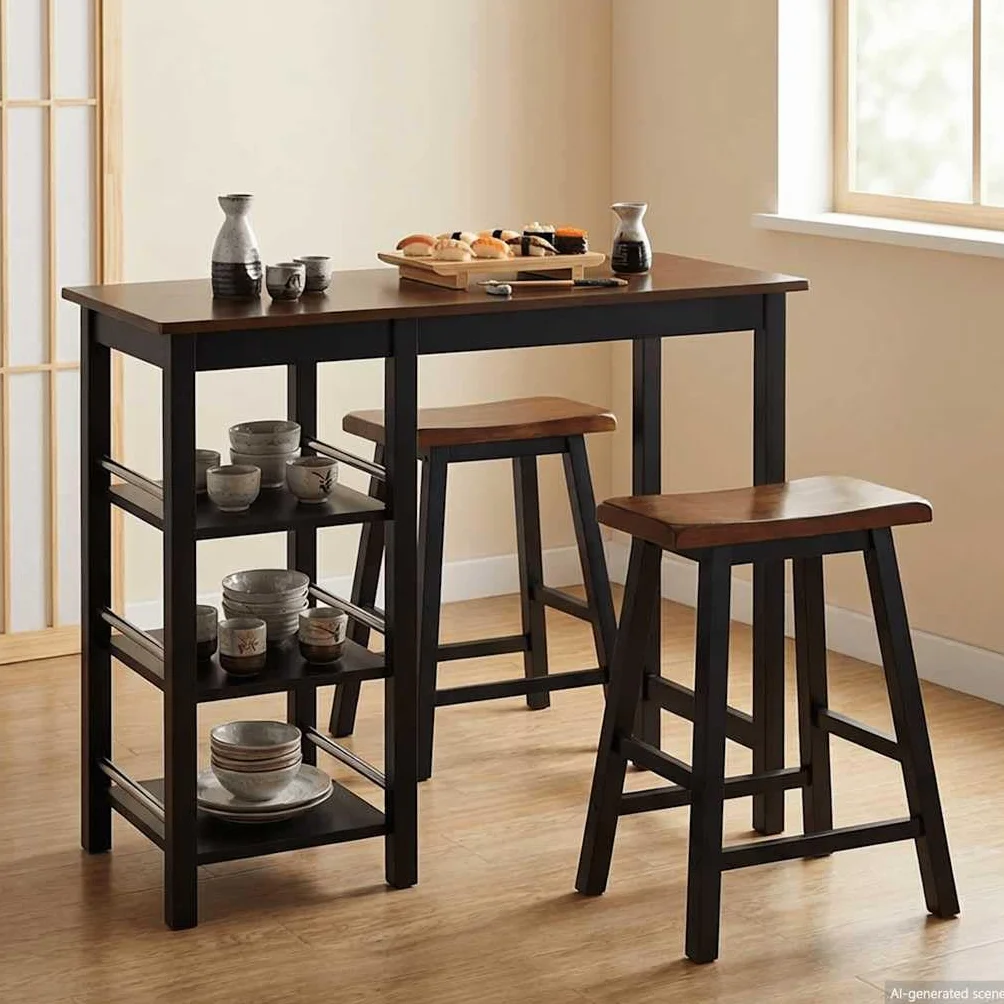 Juego de 3 barras de madera de densidad media, color negro, con mesa y 2 taburetes, 108 x 48 x 90,8 cm, con 3 estantes, para comedor, cocina, salón, ahorro de espacio y elegante