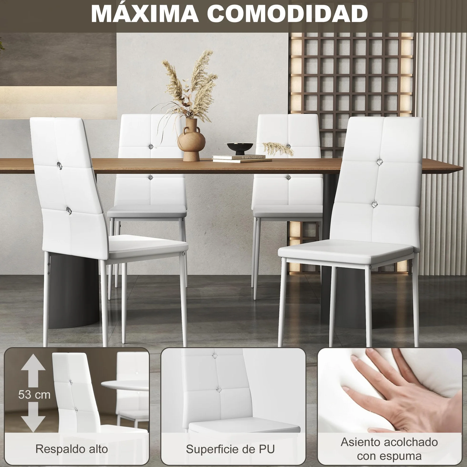 HOMCOM Juego de 6 Sillas de Comedor con Respaldo Alto para Salón Blanco | Tapizada en PU, Sillas de Cocina Modernas, Botones, Patas de Acero, Dormitorio