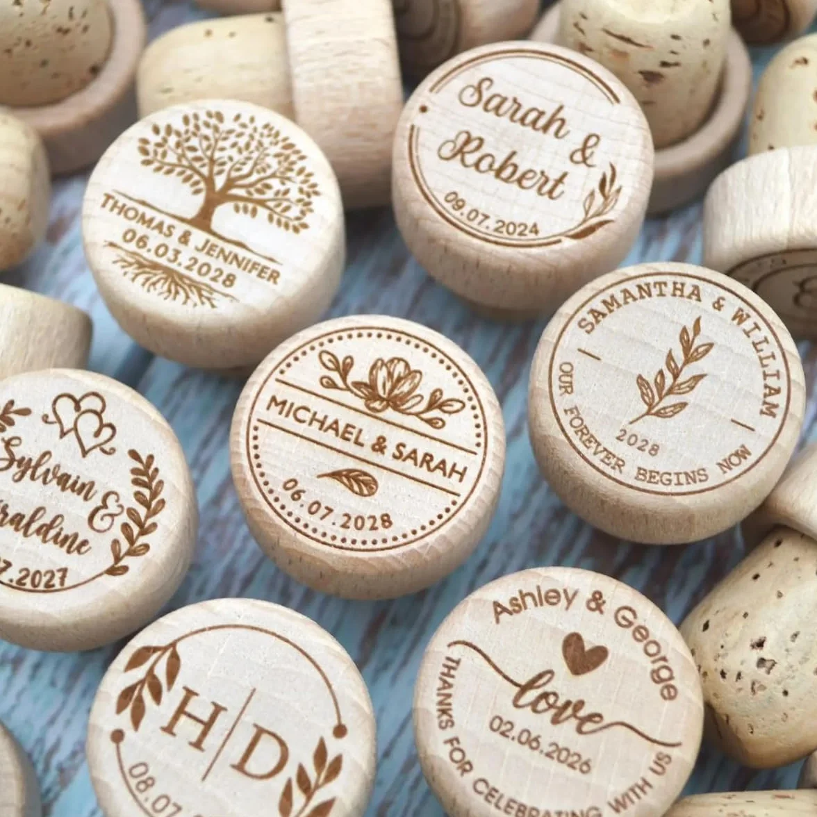 Tapones personalizados para botellas de vino de madera grabados con láser, tapón de corcho para recuerdos de boda, fiesta para invitados (100 unidades)