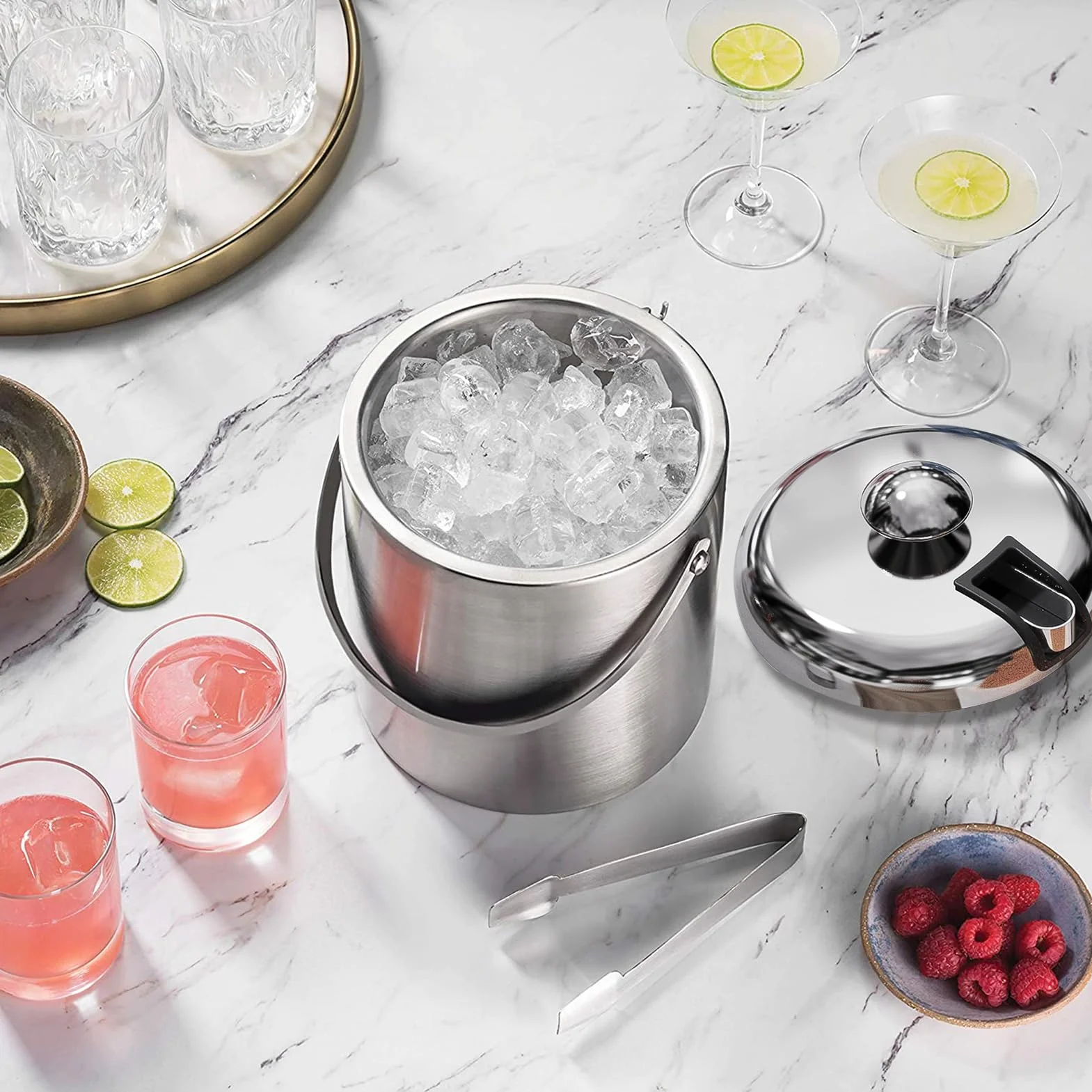 Ice Buckets with Lid and Tongs Stainless Steel Double Walled Bar Ice Bucket Container, Large Insulated Ice Cube Bucket Thick Ice Pail with Carry Handle for Parties, Cocktail, Bottle