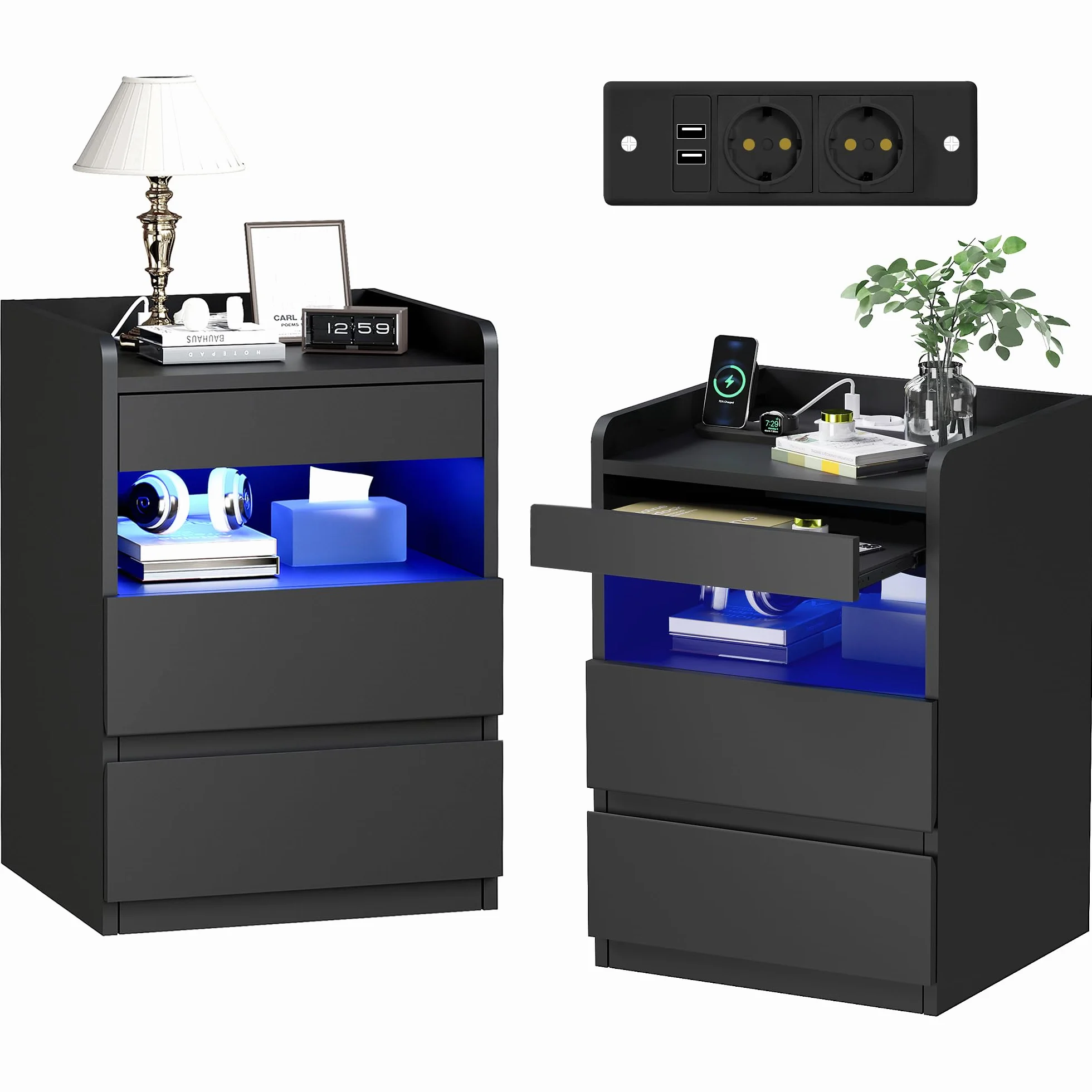 BEWISHOME Juego de 2 Mesitas de Noche,con Compartimento Oculto,con Luces LED y Estación de Carga Mesas Auxiliares（2 Tomas AC 2 Puertos USB）,para Salón,Dormitorio (Negro) EFCG02B