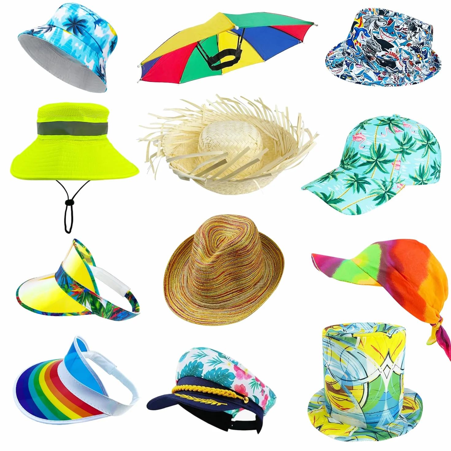 Sombreros de fiesta Luau a granel – 12 sombreros hawaianos divertidos surtidos, sombreros tropicales de disfraces, divertidos accesorios de fiesta de verano, suministros de fiesta temática de