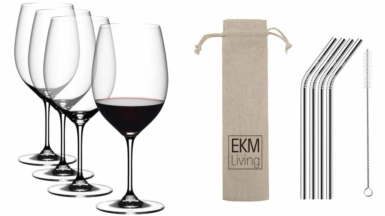 RIEDEL Vinum Cabernet Salvignon/Merlot 5416/0, Juego de 4 Copas de Vino Tinto (6416/0 x 2) + pajitas de Acero Inoxidable de Color Plateado