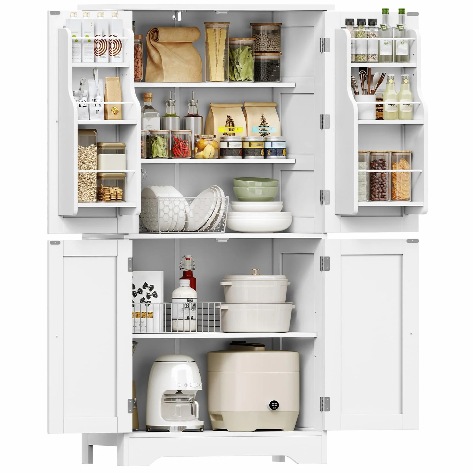 TEENFON Alacena de Cocina Alta y Despensa, Armario de 4 Puertas con 6 Estantes y 2 Compartimentos en la Puerta, Aparador y Mueble de Almacenaje Multiusos para Cocina, Salón, Comedor, 130 cm, Blanco