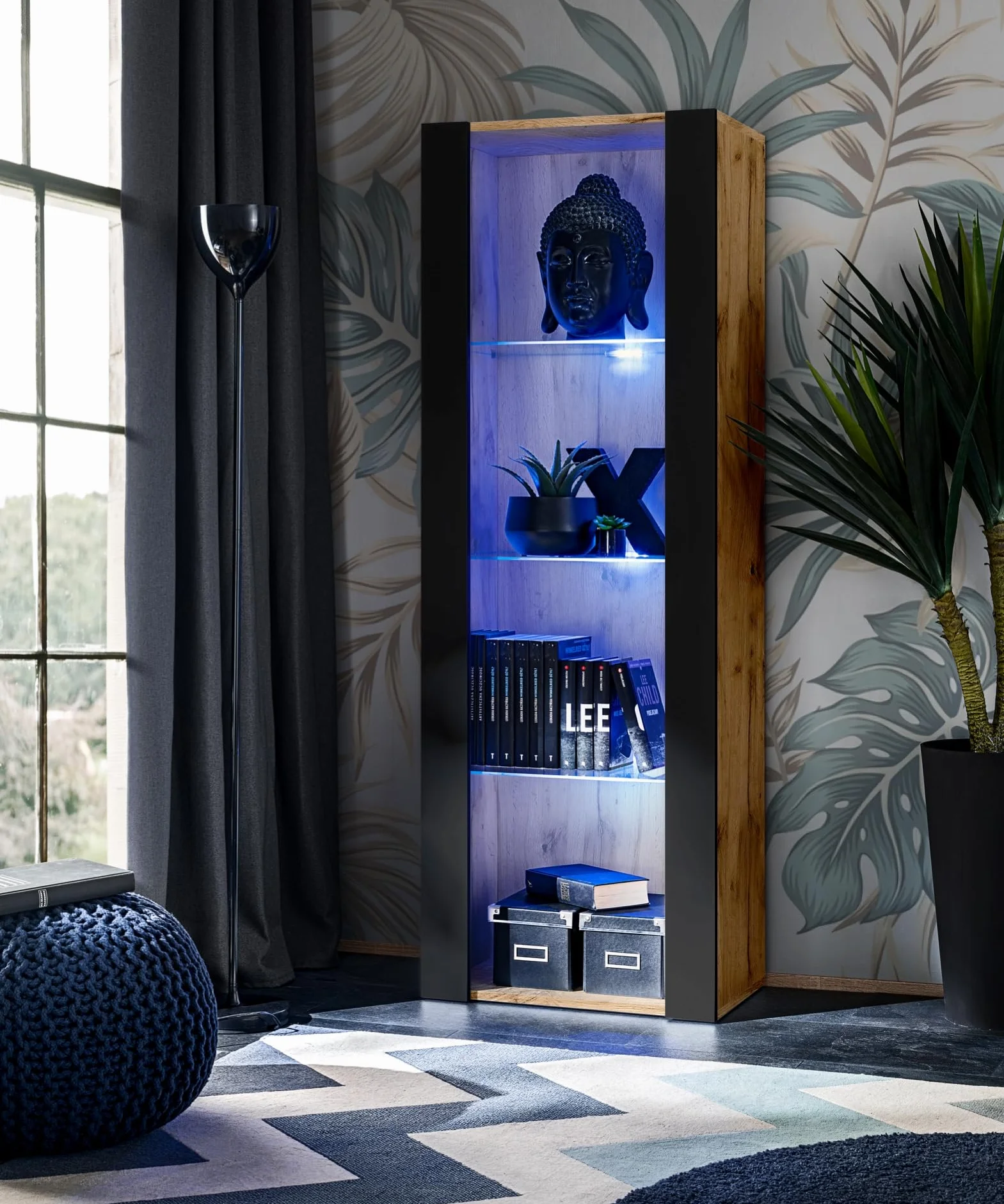 Komodee, Juego de Muebles Tivoli Grande, Negro Wotan, Ancho 290 cm x Alto 159 cm x Fondo 35 cm, LED Azul, para Sala, Dormitorio