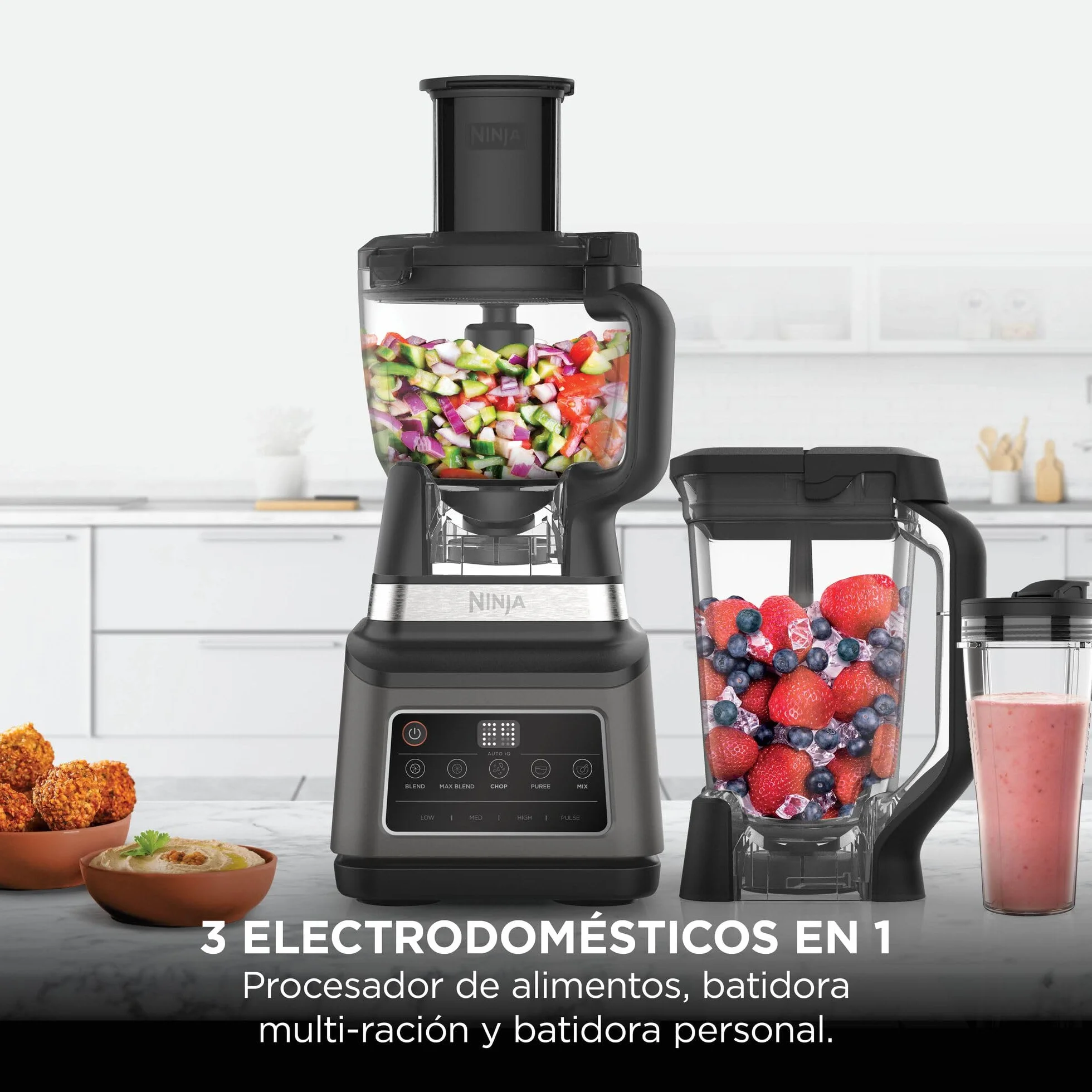 Ninja Procesador de alimentos 3 en 1, 1200 W, batidora multifunción, 5 programas automáticos, bol 1,8 l, jarra 2,1 l, vaso 700 ml, tecnología Auto-iQ, piezas aptas para lavavajillas, Negro, BN800EU