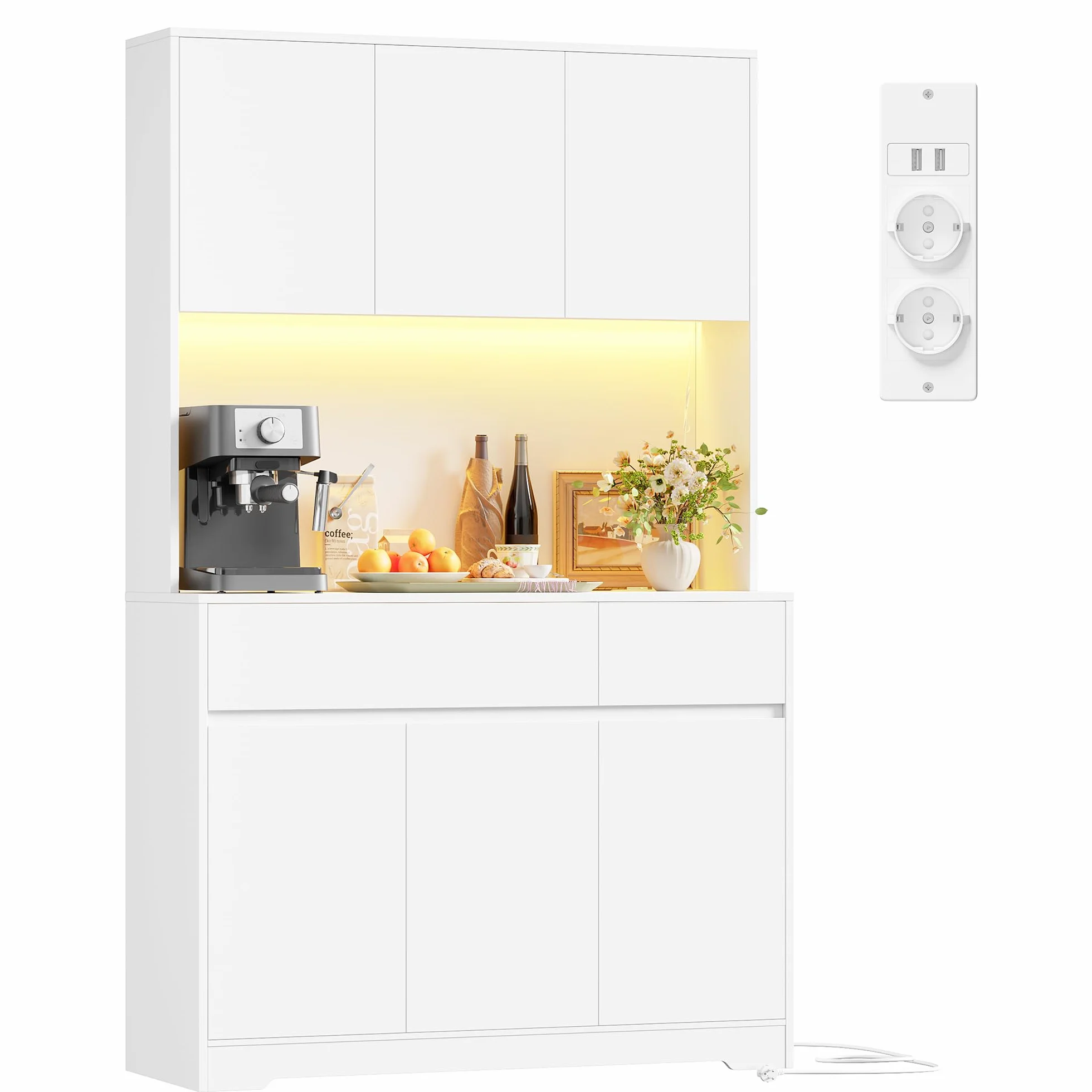 FirFurd Alacena Cocina Grande, Muebles de Cocina, Armario Cocinas Almacenaje, Mueble Almacenaje con Iluminacion LED, Regleta, Encimera para Microondas, 2 Cajones, 6 Puertas, Blanco 100x38.5x180cm