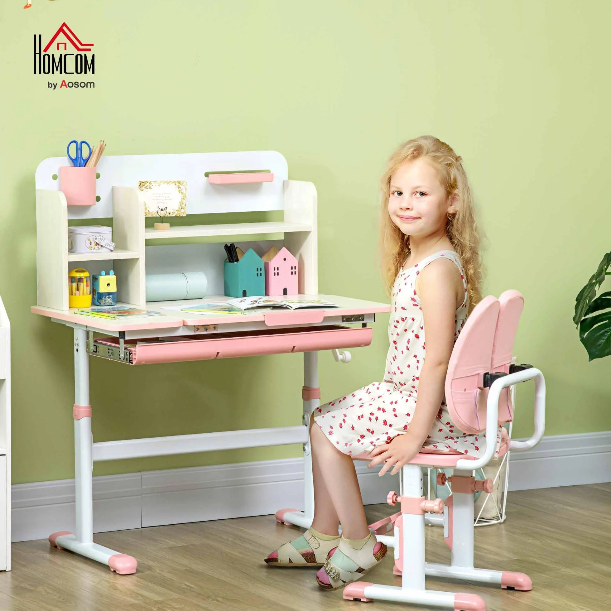 HOMCOM Pupitre Infantil Altura Ajustable con Cajón y Estante 80x52x88-109 cm Rosa y Blanco