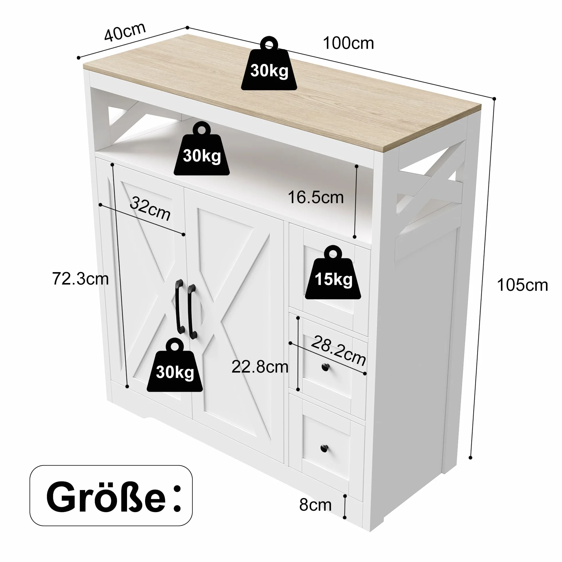 Aparador de cocina, mueble de almacenamiento con 4 puertas y estante ajustable, aparador moderno para comedor, armario de cocina para salón y comedor (100 x 40 x 105 cm)